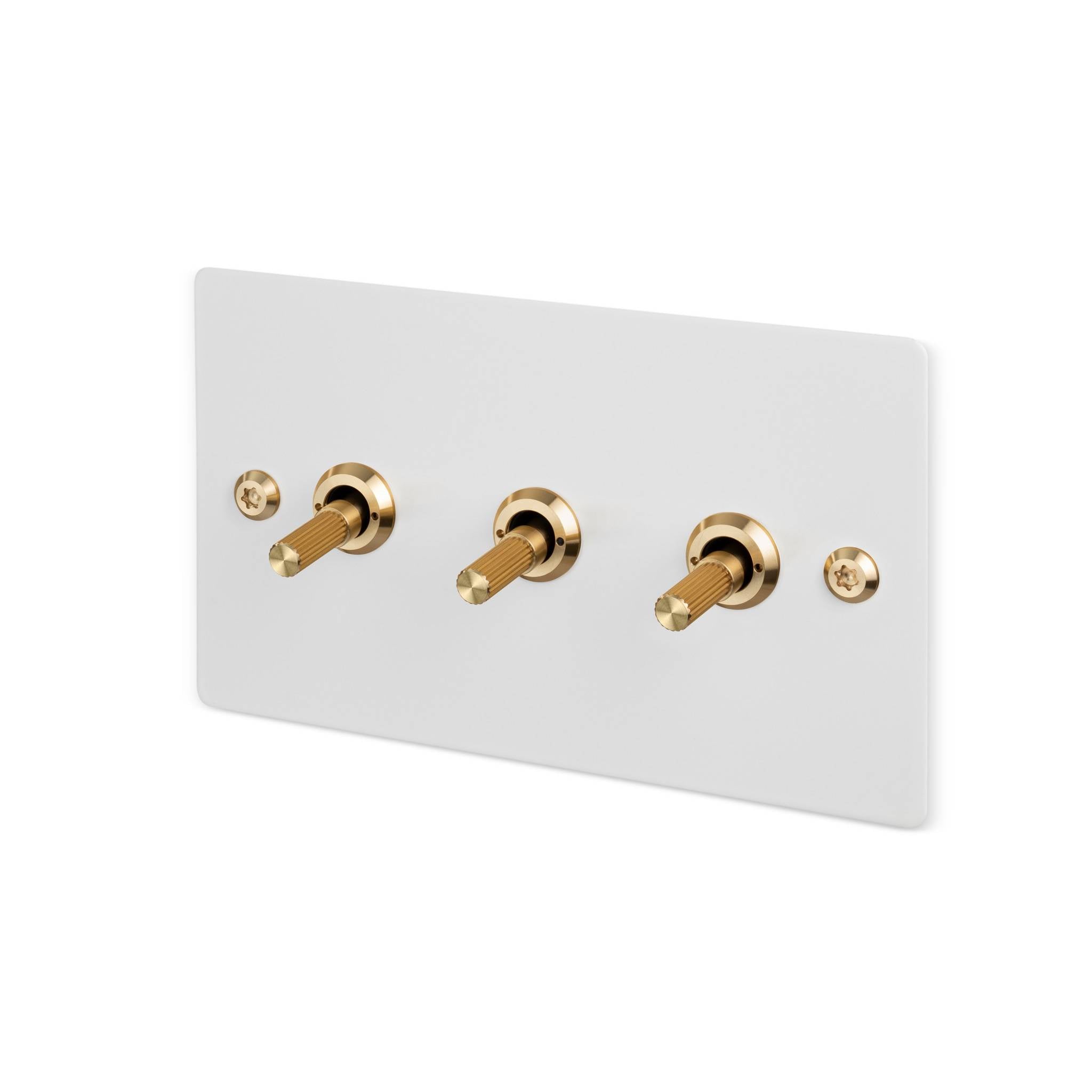 Buster + Punch 3G 2-way toggle switch, White plate with Brass linear knurl toggle arm, isolated cutout