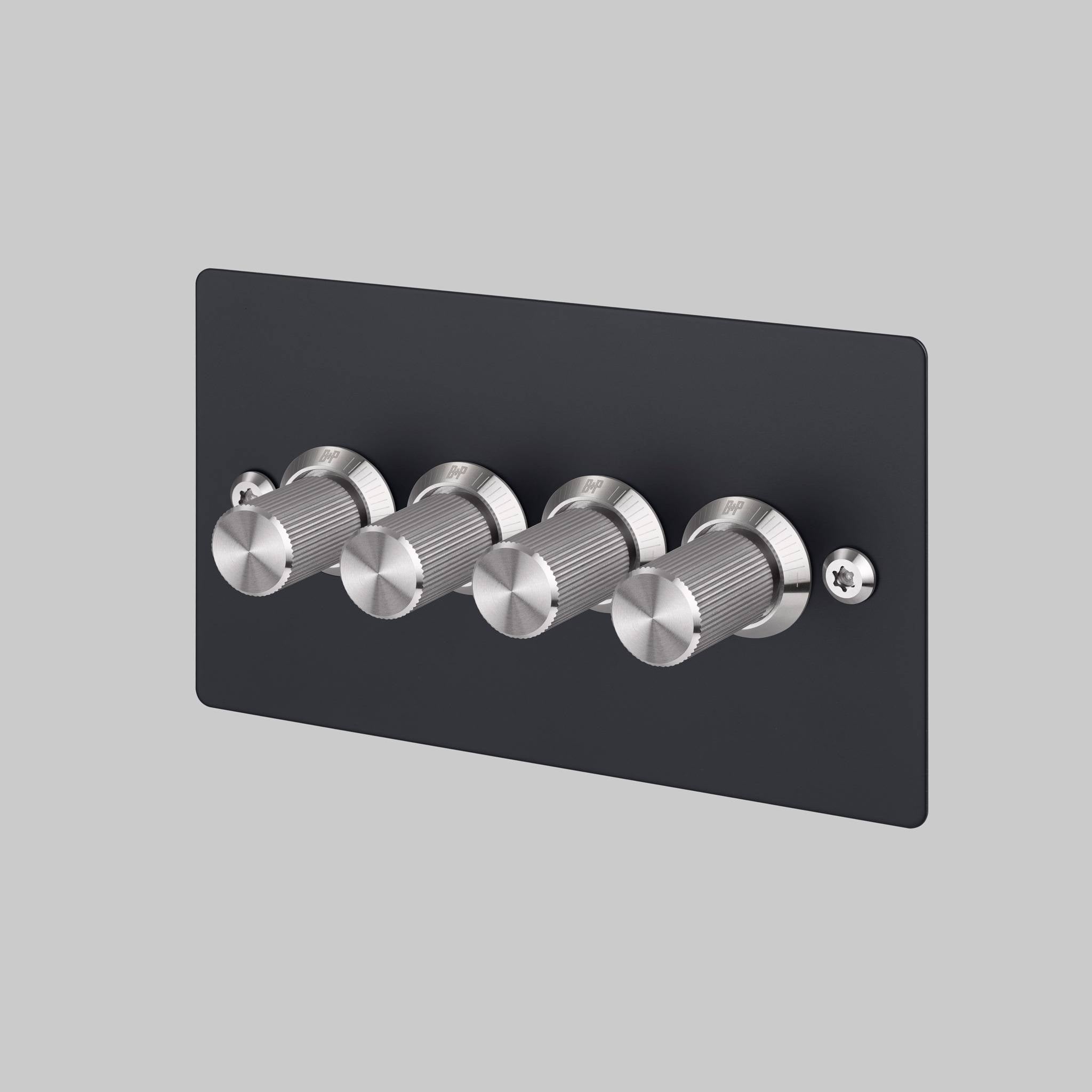 Buster + Punch 4G dimmer switch, Black plate with Steel linear knurl dimmer knob, front view