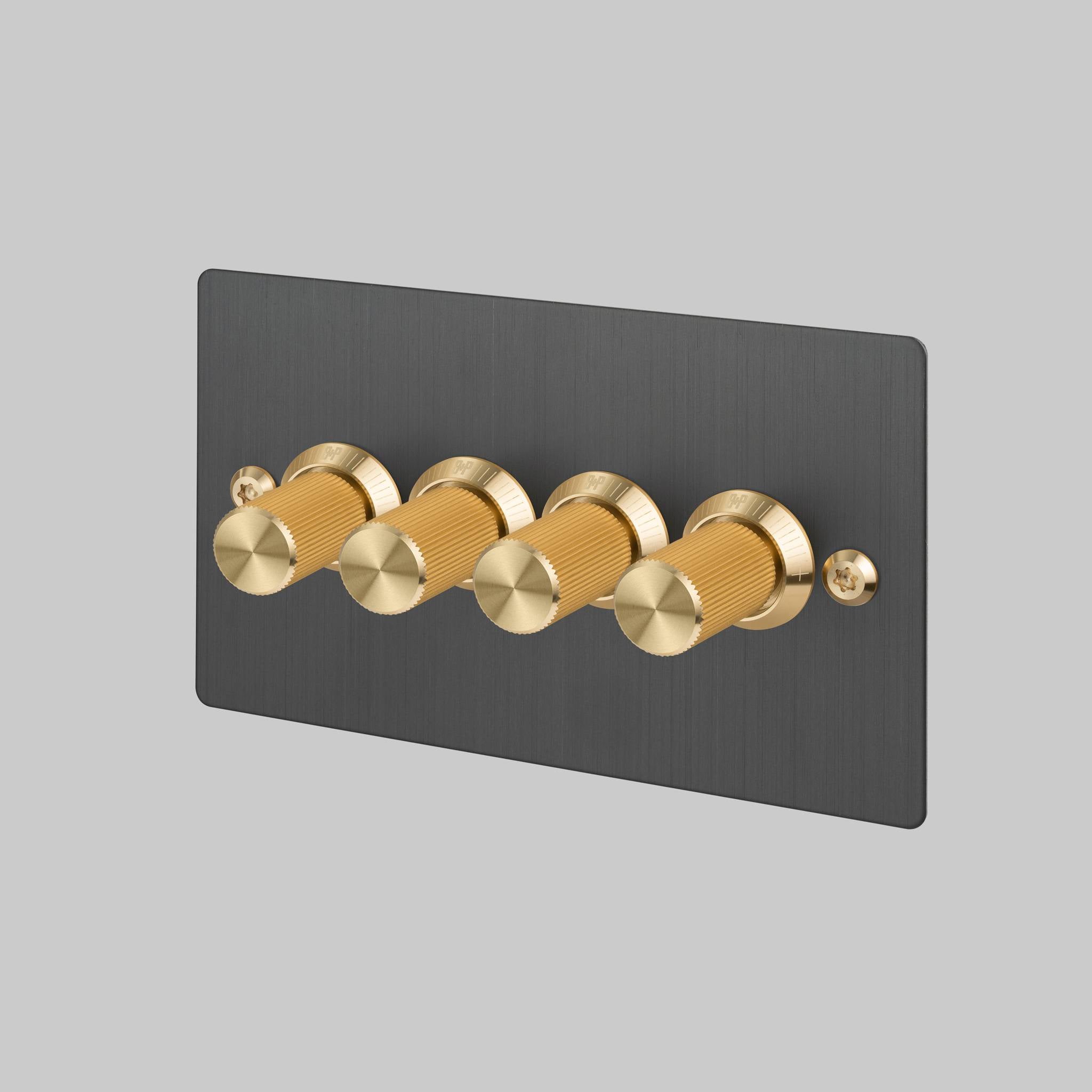 Buster + Punch 4G dimmer switch, Smoked Bronze plate with Brass linear knurl dimmer knob, front view