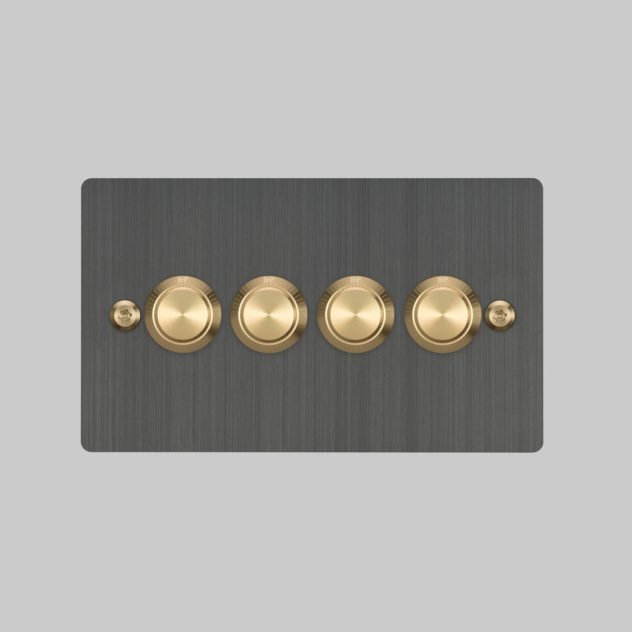 Buster + Punch 4G dimmer switch, Smoked Bronze plate with Brass linear knurl dimmer knob, elevated angle