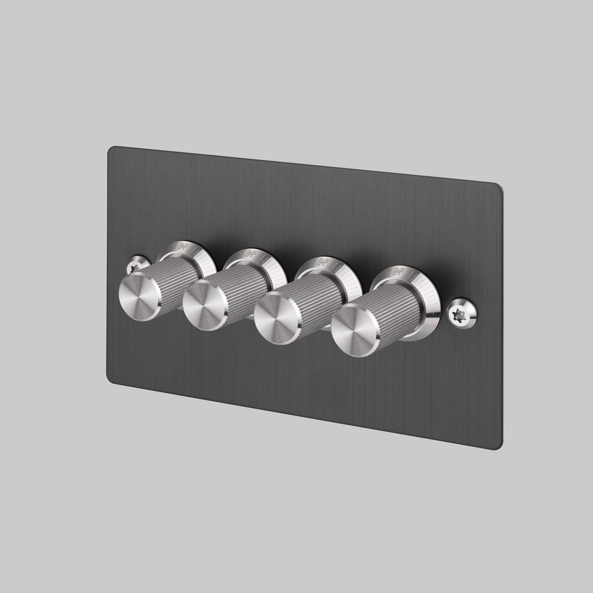Buster + Punch 4G dimmer switch, Smoked Bronze plate with Steel linear knurl dimmer knob, front view