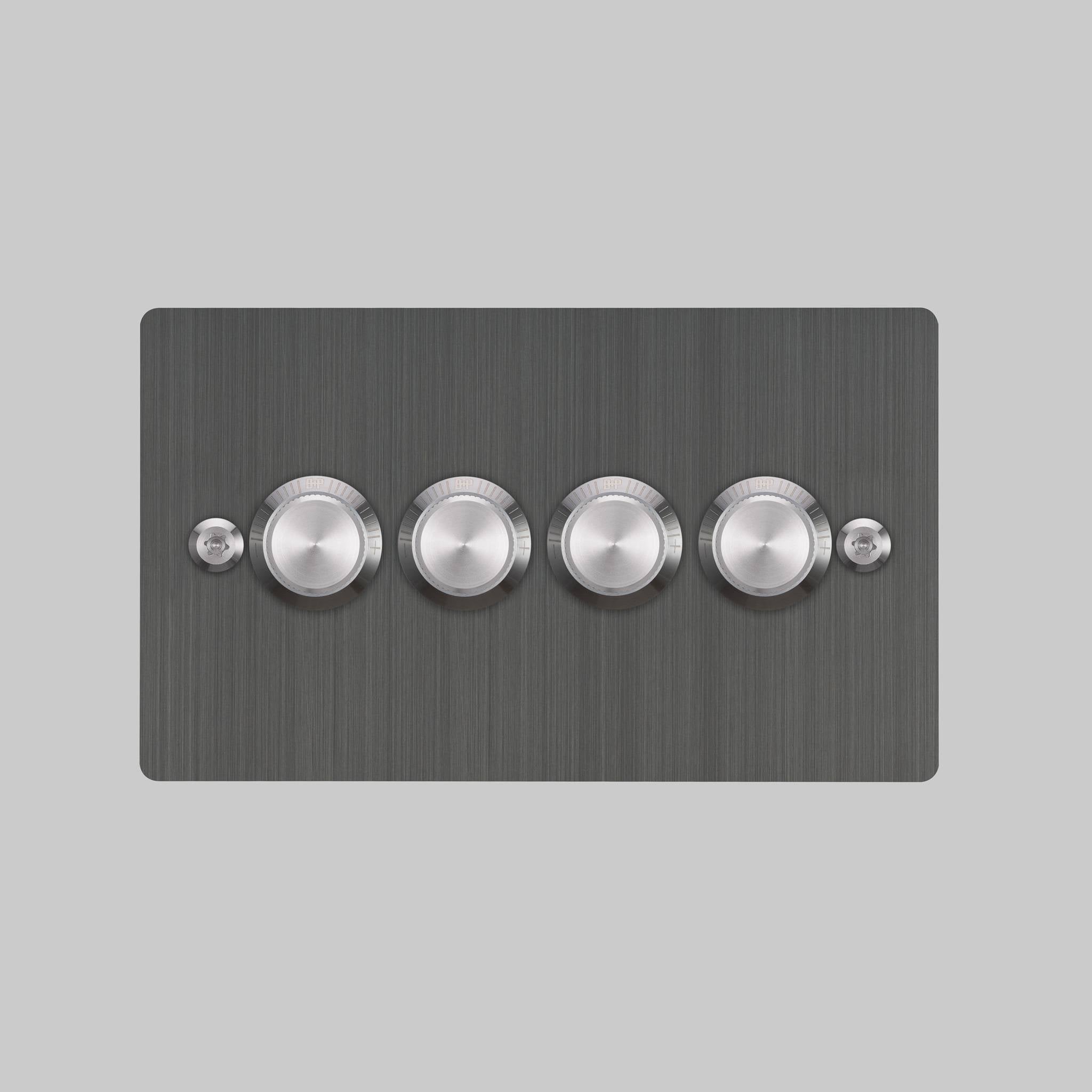 Buster + Punch 4G dimmer switch, Smoked Bronze plate with Steel linear knurl dimmer knob, elevated angle