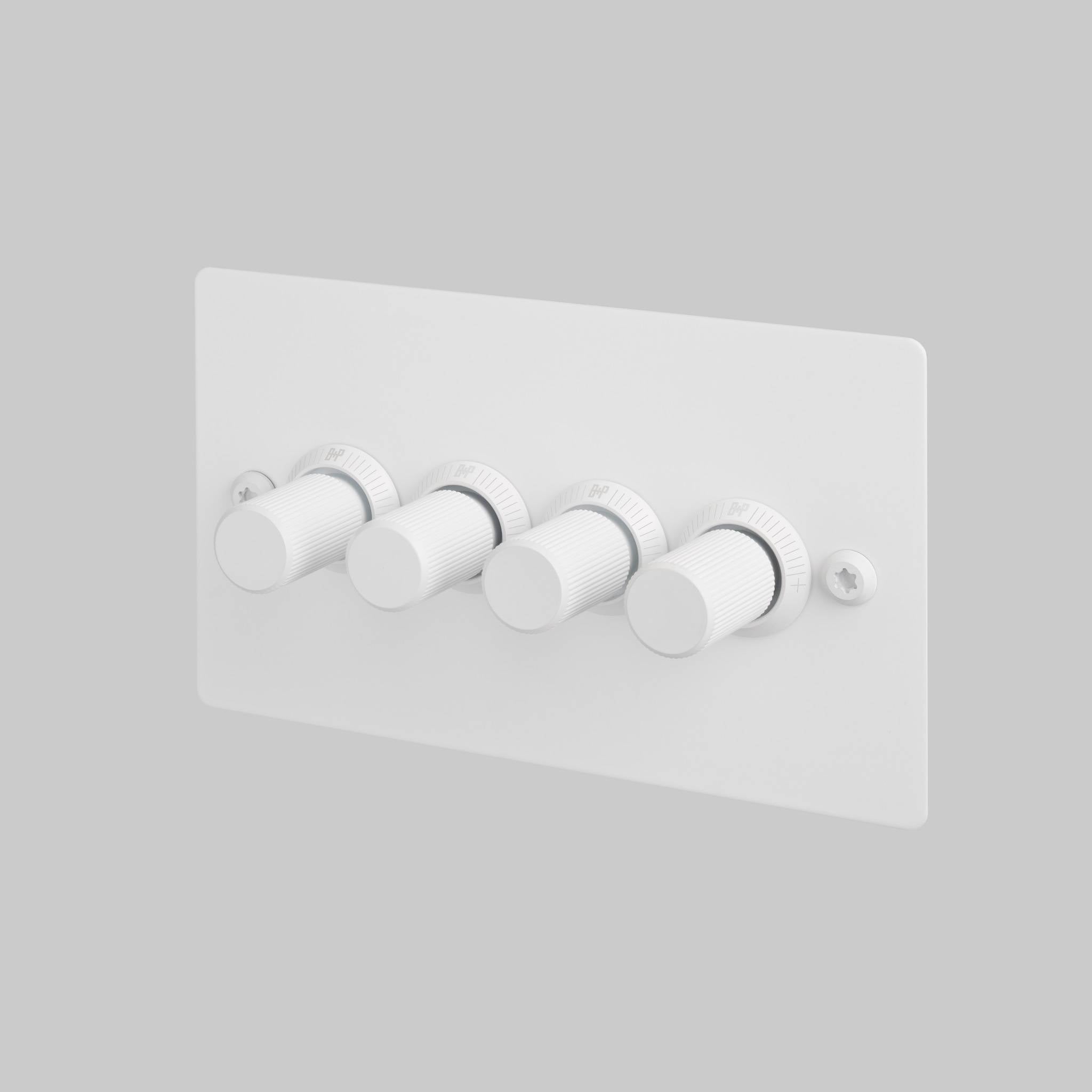 Buster + Punch 4G dimmer switch, white plate with white linear knurl knobs, front view