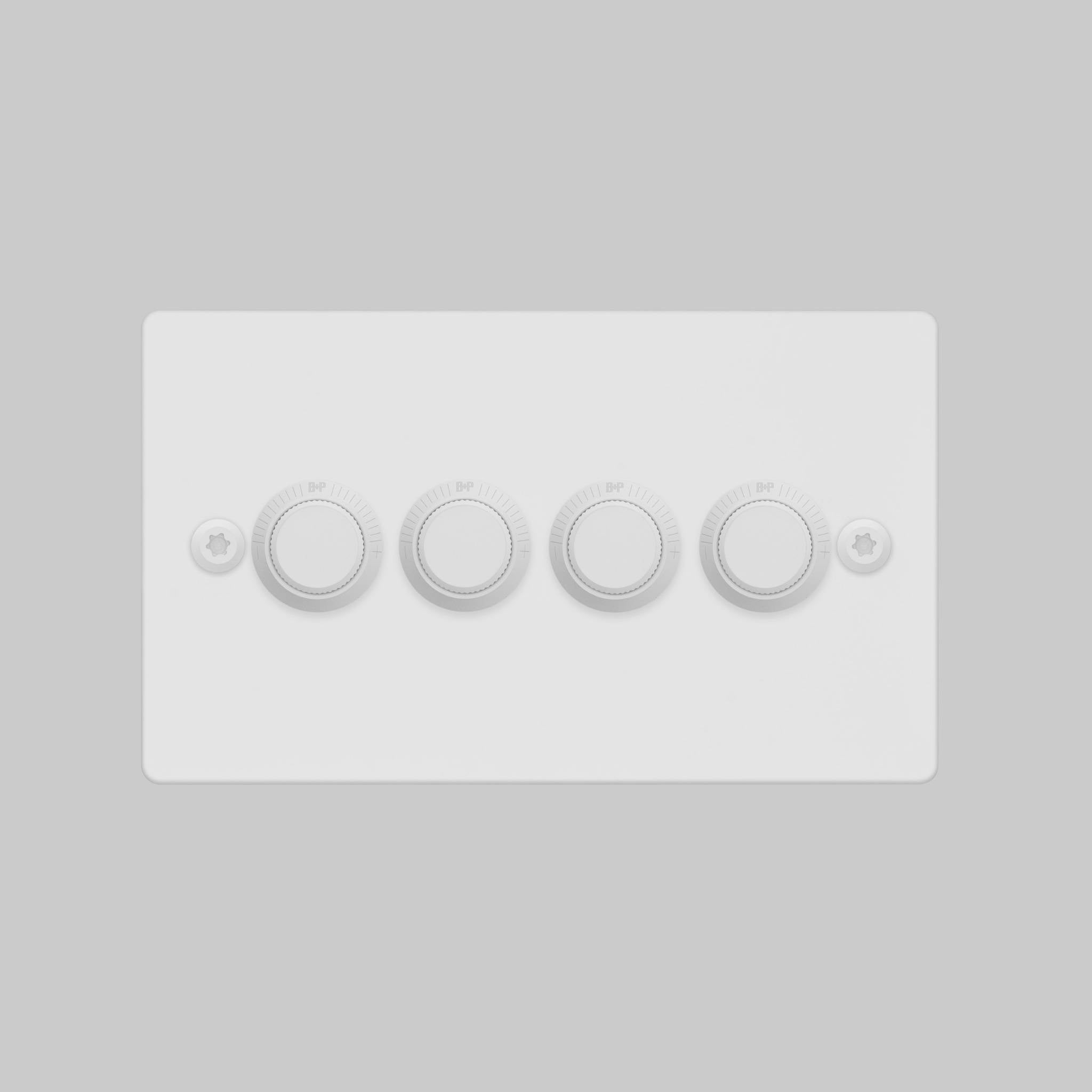 Buster + Punch 4G dimmer switch, white plate with white linear knurl knobs, elevated angle view
