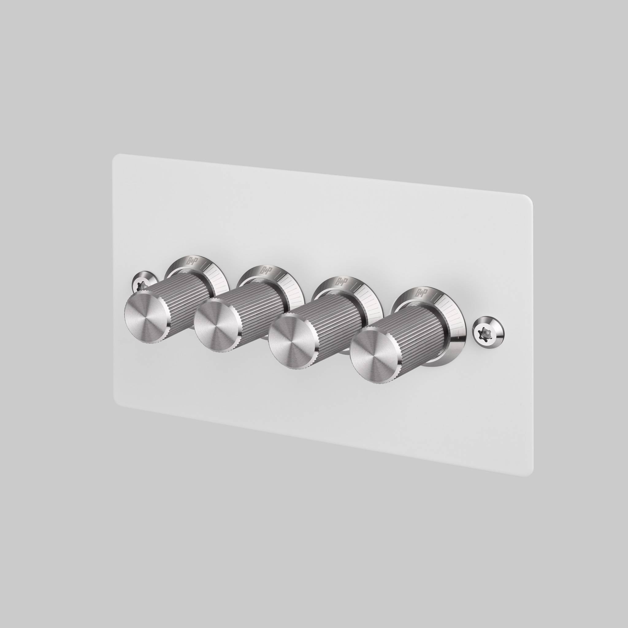 Buster + Punch 4G dimmer switch, white plate with steel linear knurl knobs, front view