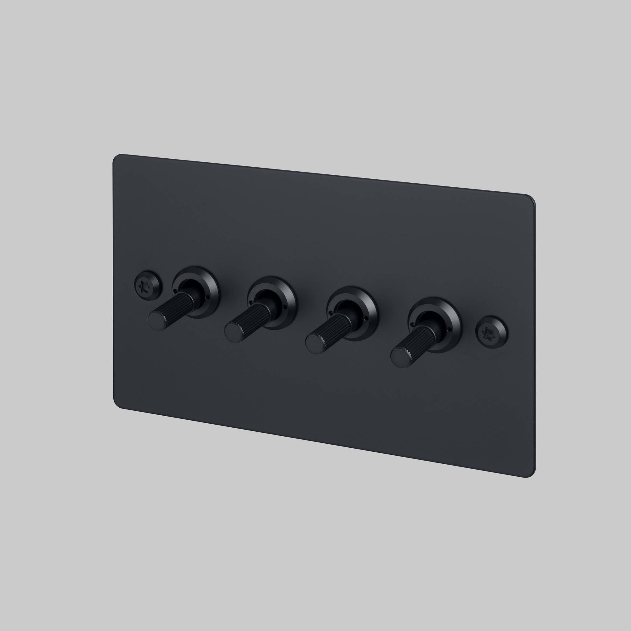Buster + Punch 4G toggle switch, black plate with black linear knurl toggle arms, front view