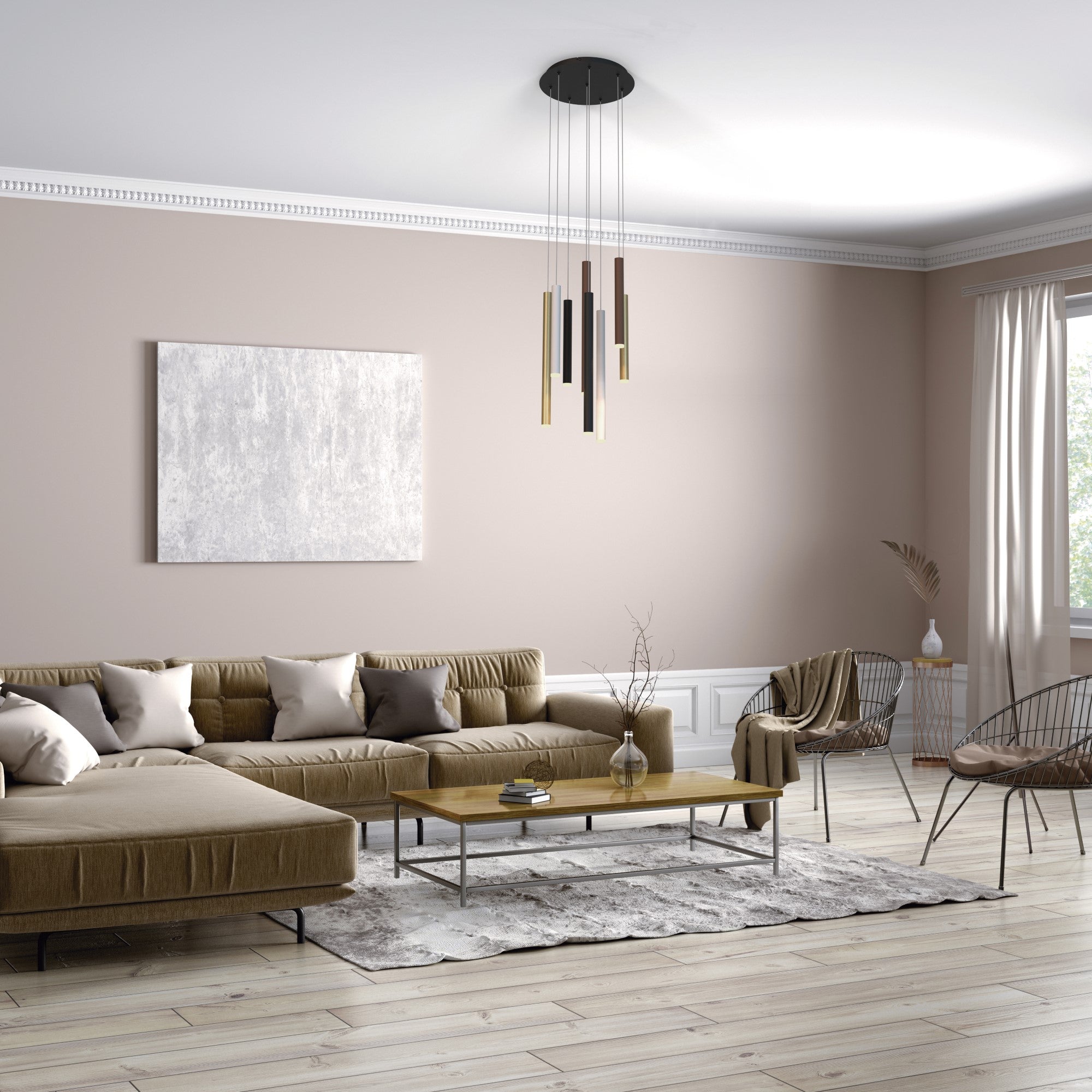 Mantra Cala Round 8 Light Pendant - Sand White, Sand Black, Gold & Rust Brown