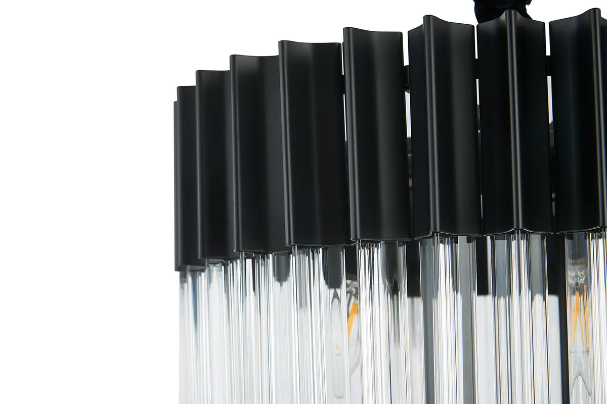 Fabula Cedar Round 3 Tier 8 Light E14 Pendant Light – 40 cm – Matt Black & Clear Sculpted Glass