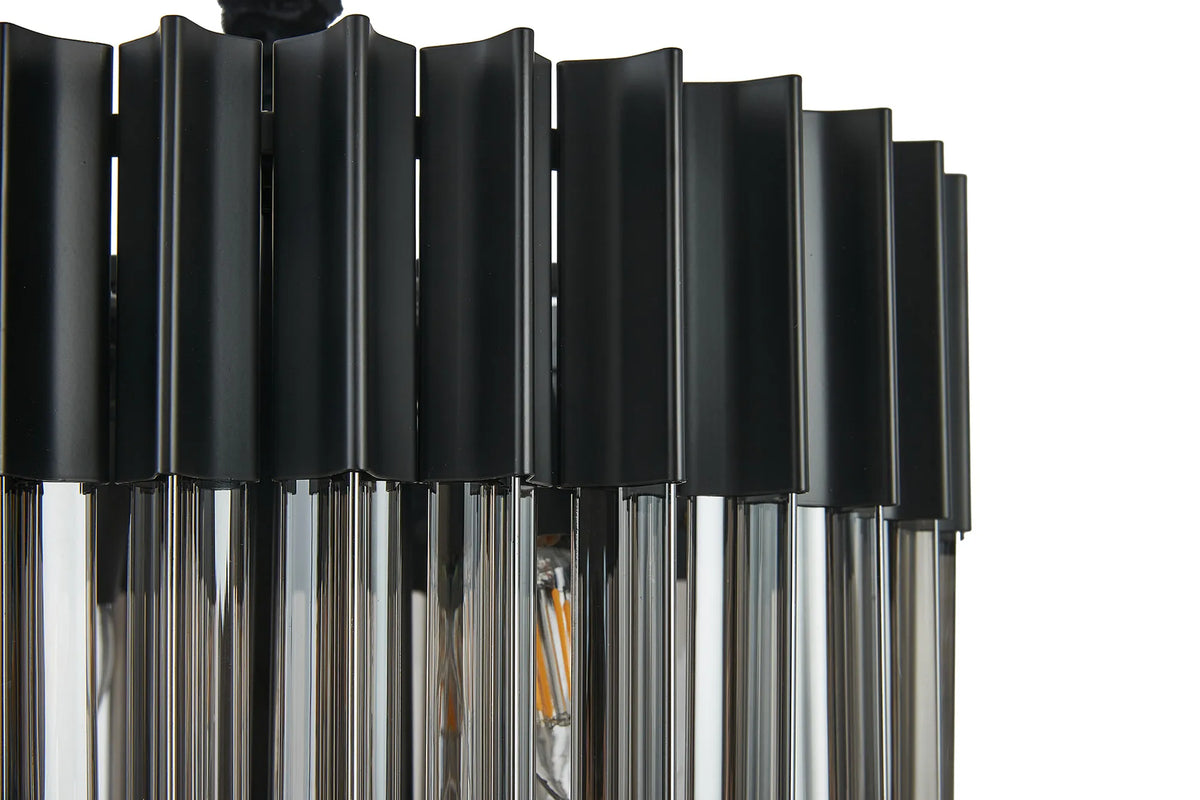 Fabula Cedar Round 3 Tier 8 Light E14 Pendant Light – 40 cm – Matt Black & Smoked Sculpted Glass