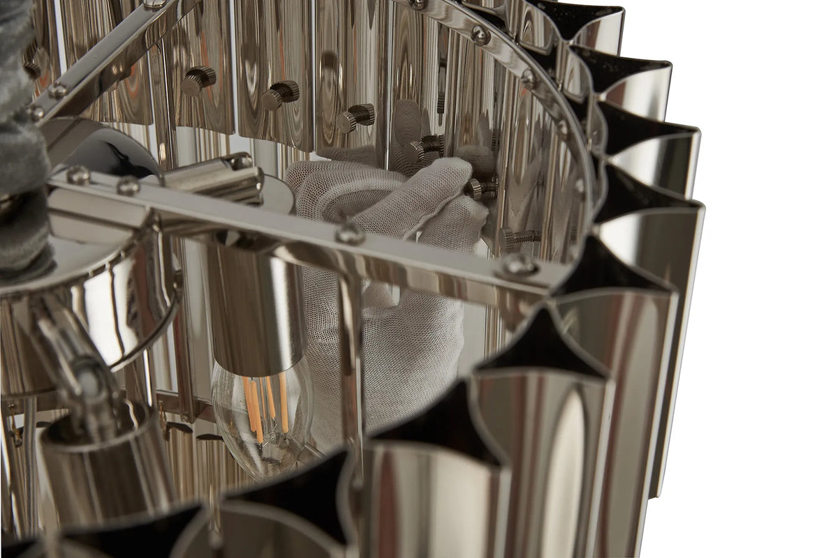 Fabula Cedar Round 3 Tier 8 Light E14 Pendant Light – 40 cm – Polished Nickel & Cognac Sculpted Glass