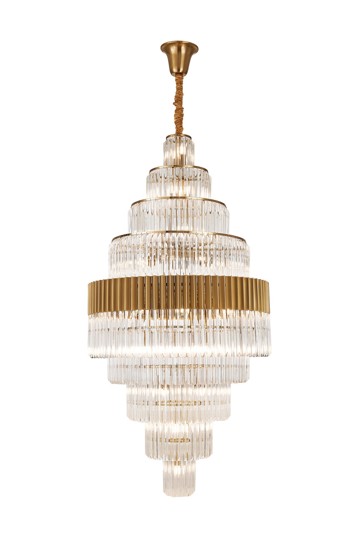Fabula Cedar Diamond Round 9 Tier 42 Light E14 Pendant Light – 90 cm – Brass & Clear Sculpted Glass 90 cm