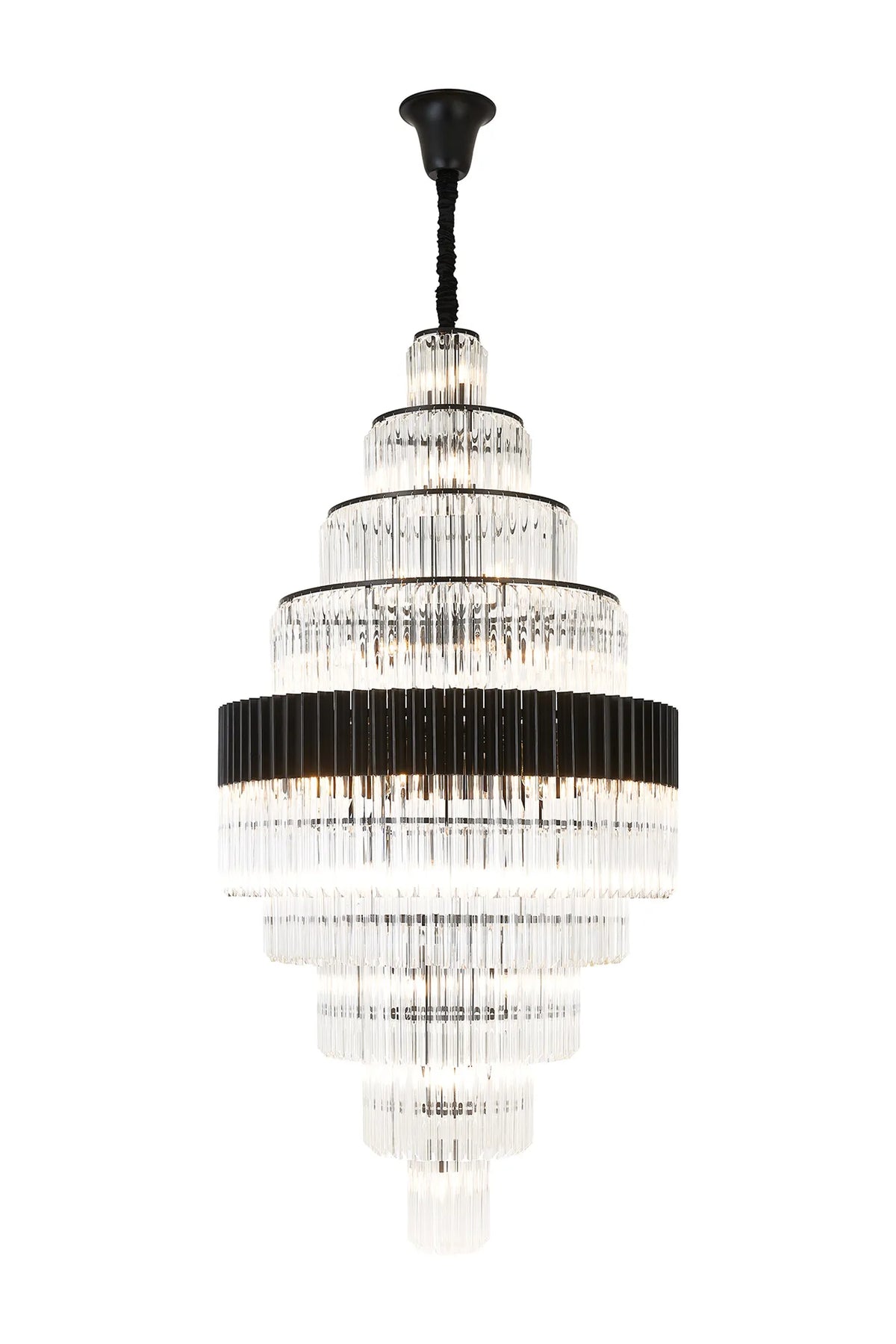 Fabula Cedar Diamond Round 9 Tier 42 Light E14 Pendant Light – 90 cm – Matt Black & Clear Sculpted Glass 90 cm