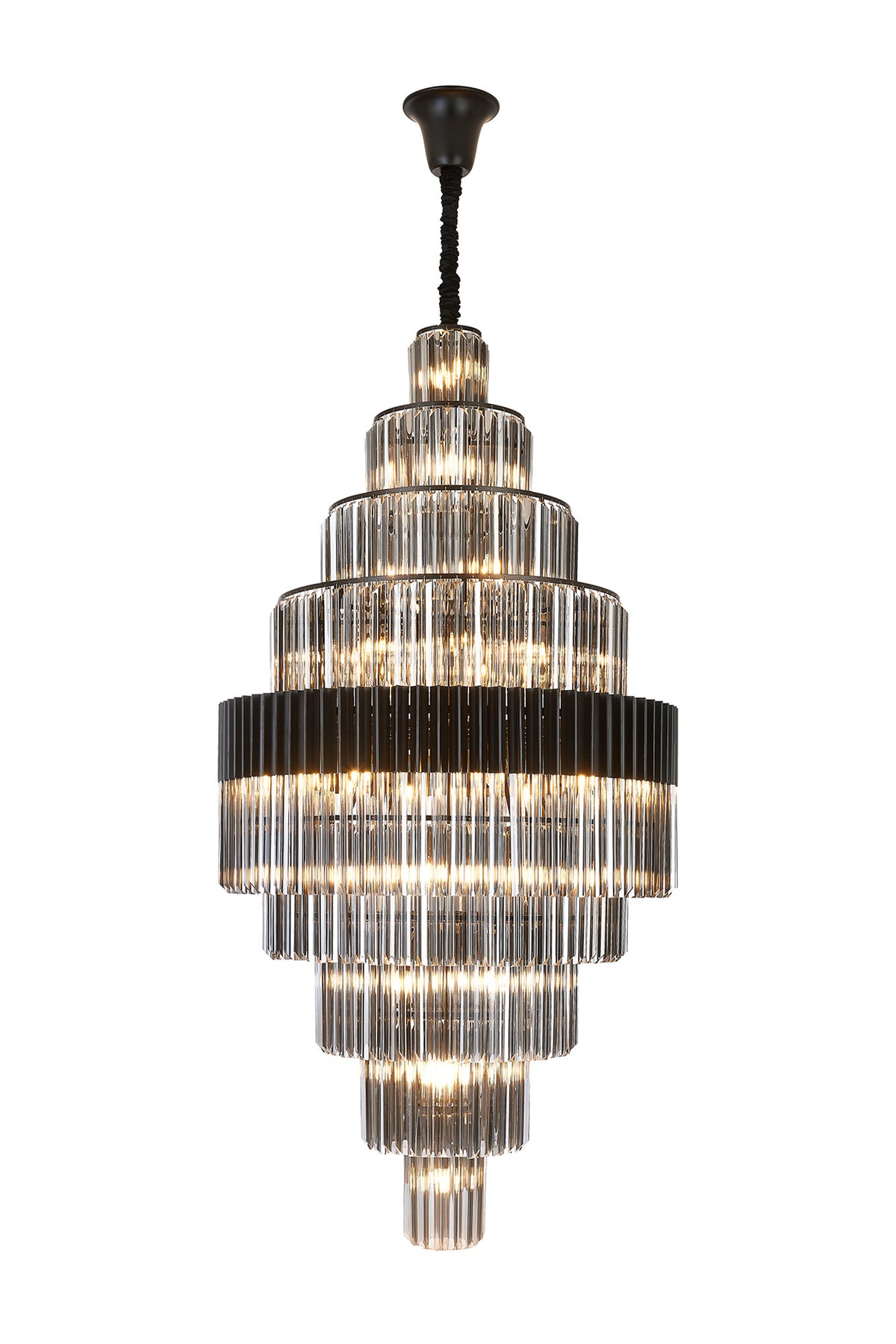 Fabula Cedar Diamond Round 9 Tier 42 Light E14 Pendant Light – 90 cm – Matt Black & Smoked Sculpted Glass 90 cm
