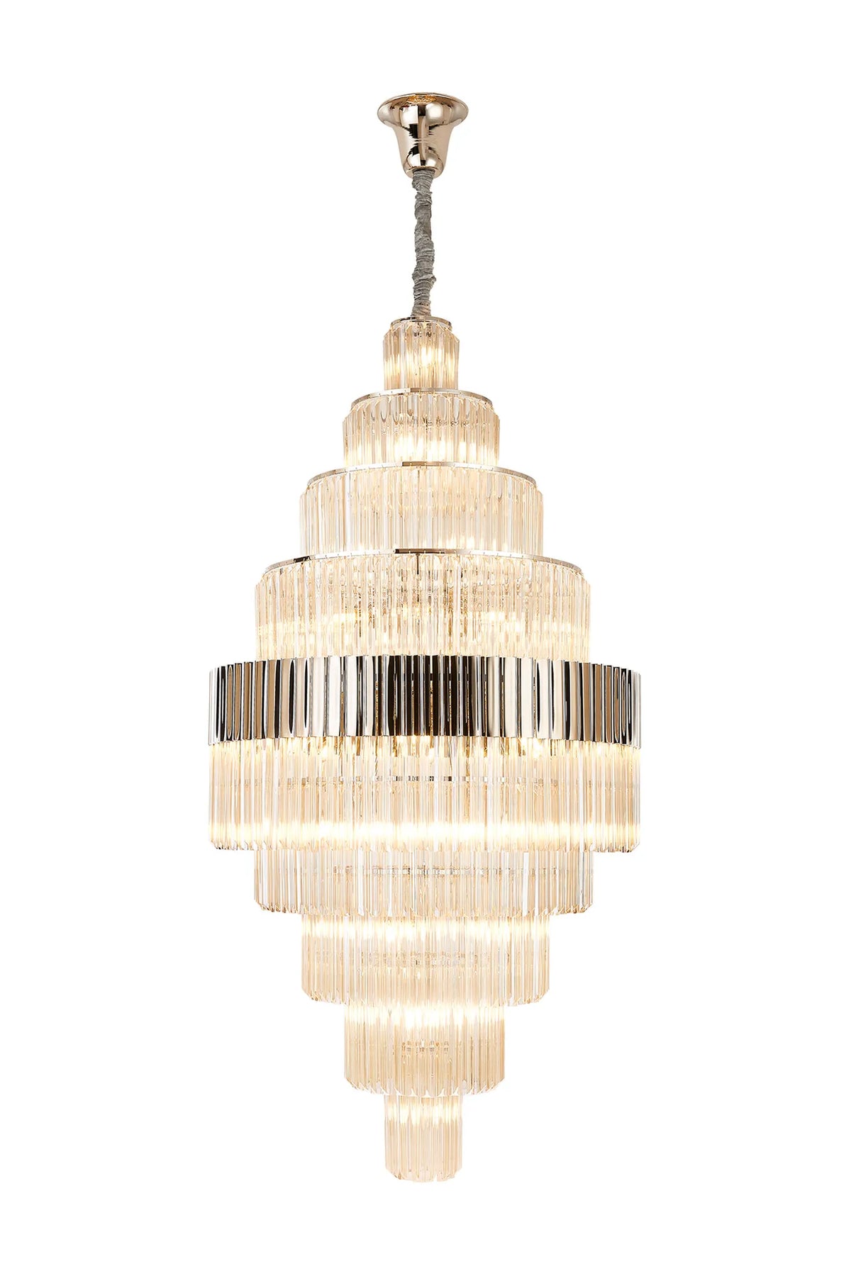 Fabula Cedar Diamond Round 9 Tier 42 Light E14 Pendant Light – 90 cm – Polished Nickel & Cognac Sculpted Glass 90 cm