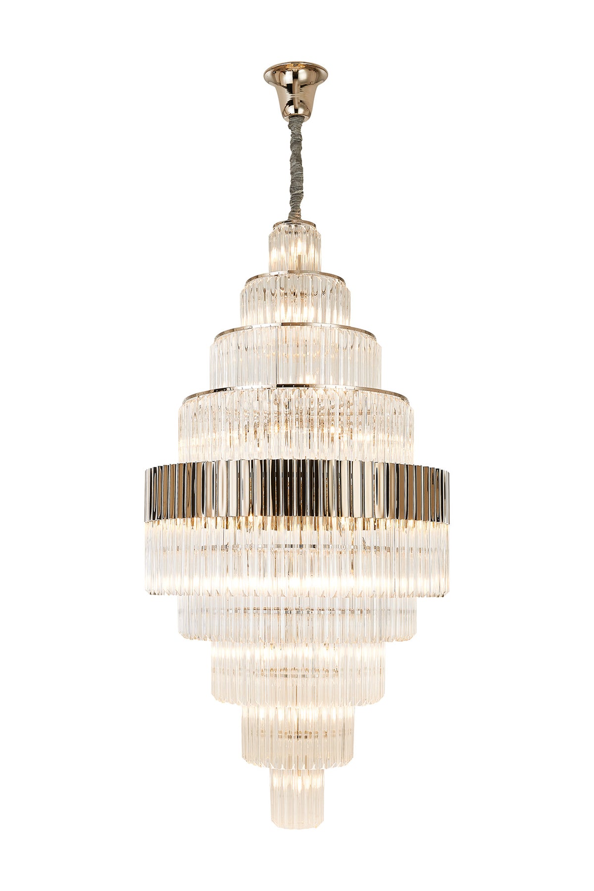Fabula Cedar Diamond Round 9 Tier 42 Light E14 Pendant Light – 90 cm – Polished Nickel & Clear Sculpted Glass 90 cm
