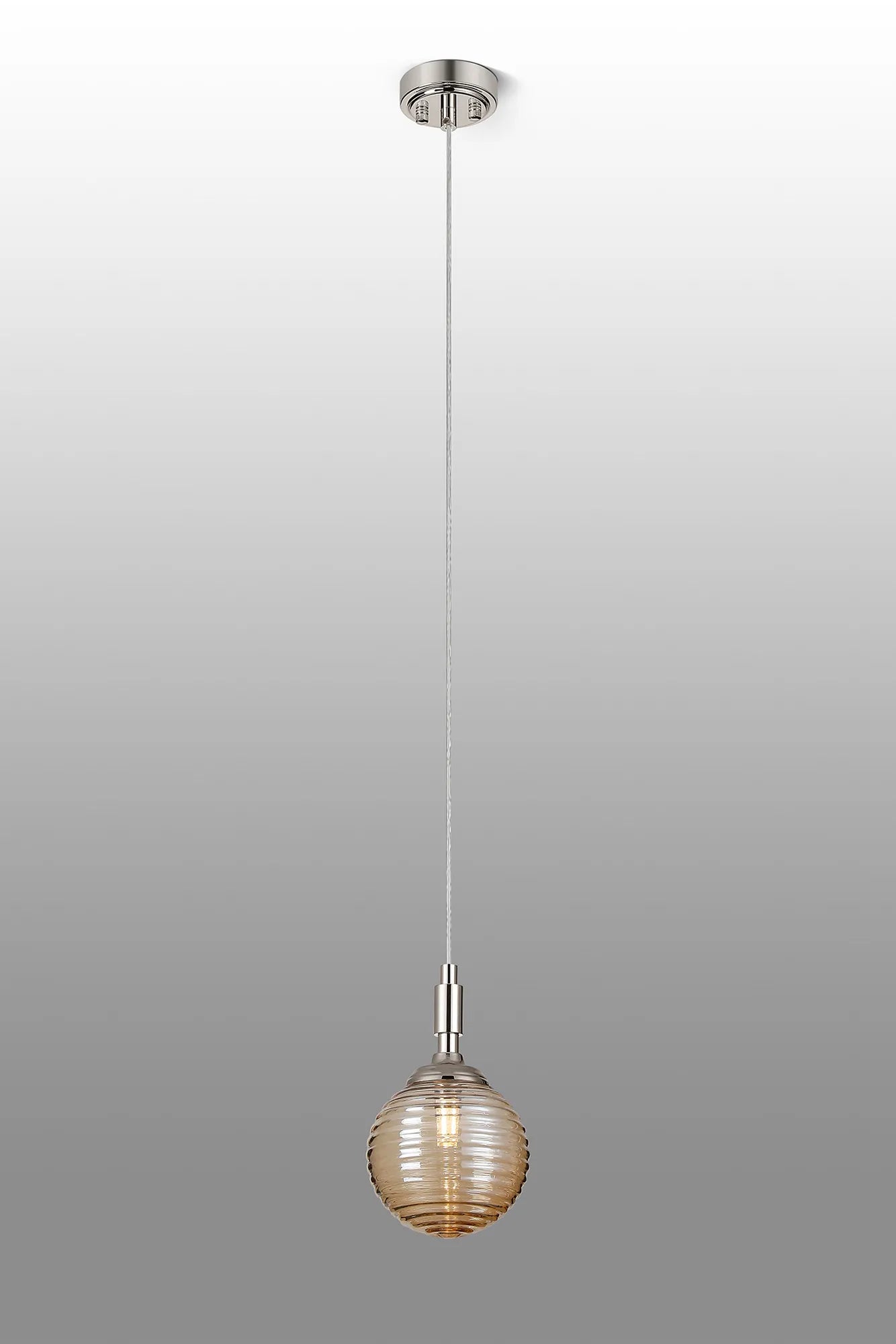 Dene Pendant 1 Light - IP44 Polished Nickel & Amber Ribbed Round Glass