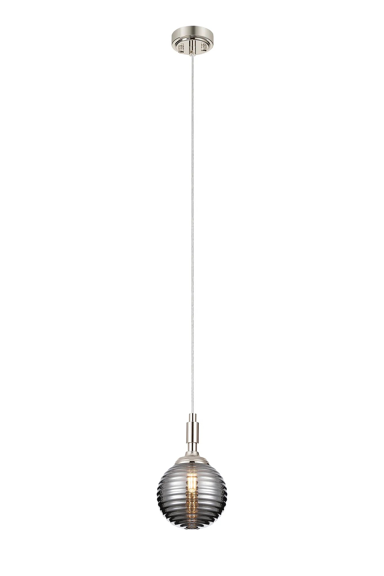 Dene Pendant 1 Light - IP44 Polished Nickel & Smoke Ribbed Round Glass