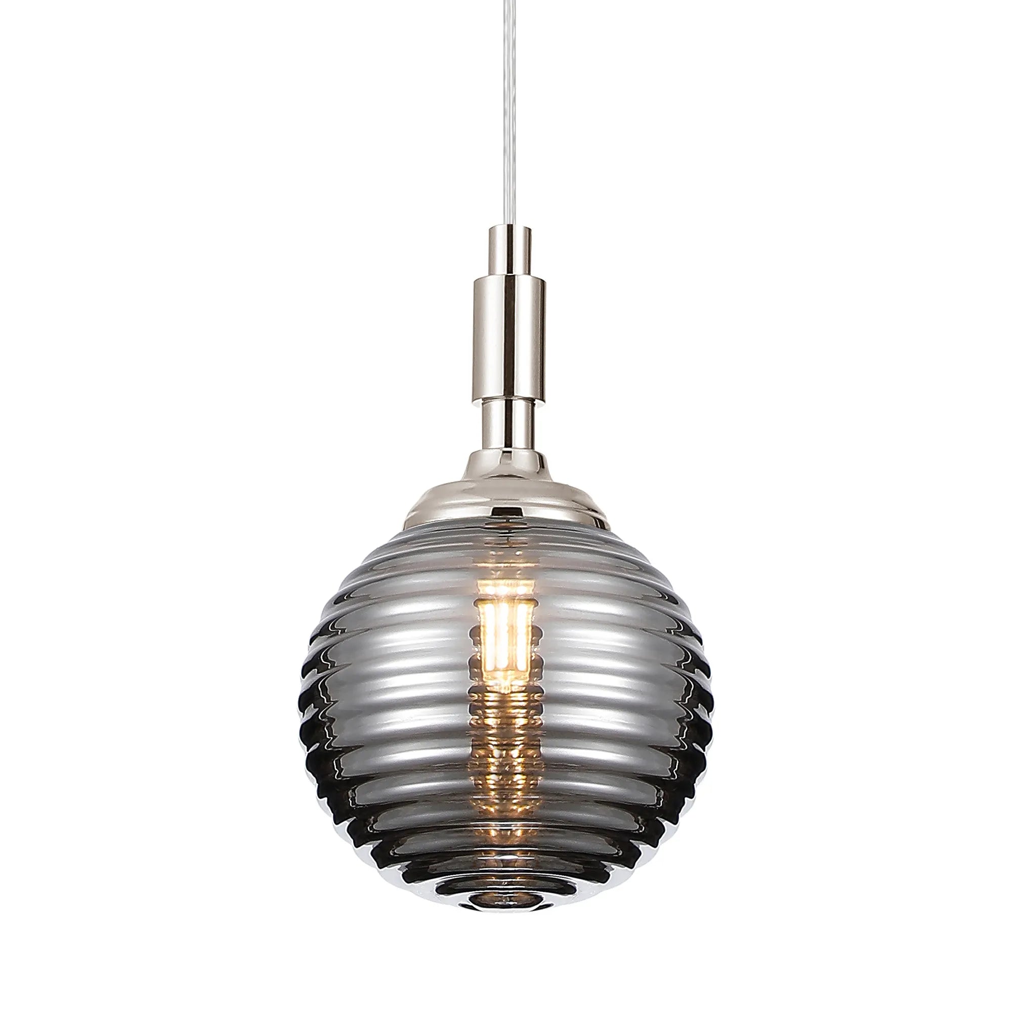 Dene Pendant 1 Light - IP44 Polished Nickel & Smoke Ribbed Round Glass