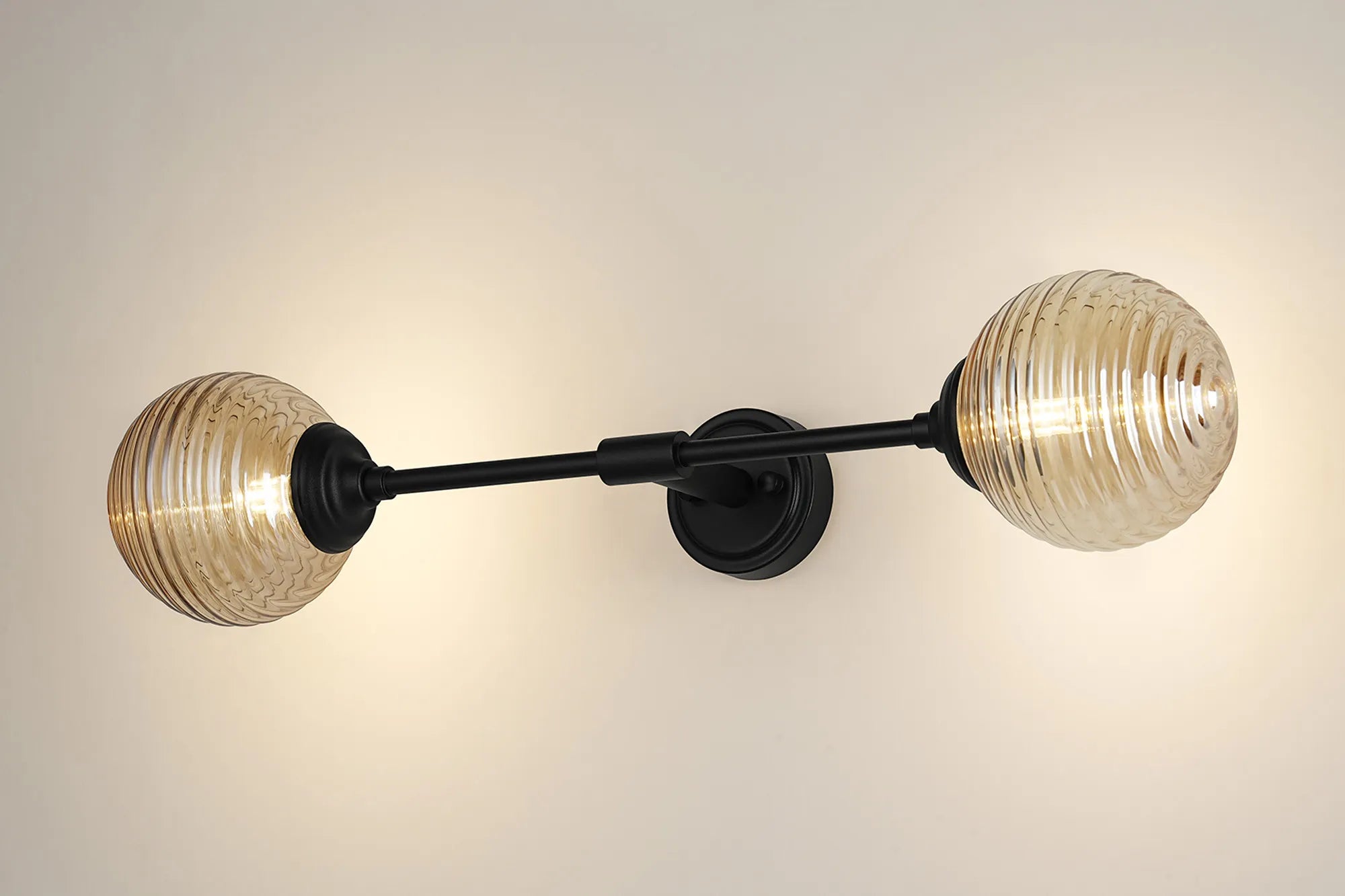Dene Ceiling & Wall Light - Linear 2 Light - IP44 Satin Black & Amber Ribbed Round Glass