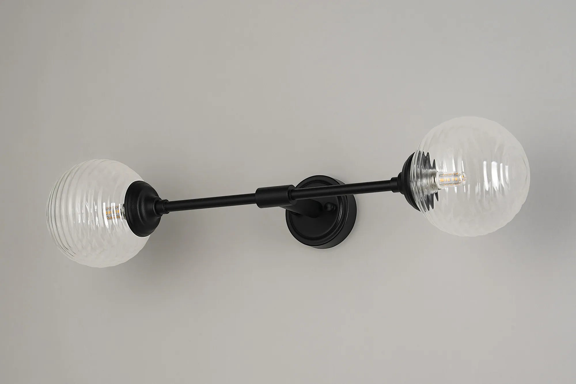 Dene Ceiling & Wall Light - Linear 2 Light - IP44 Satin Black & Glass Ribbed Round Glass