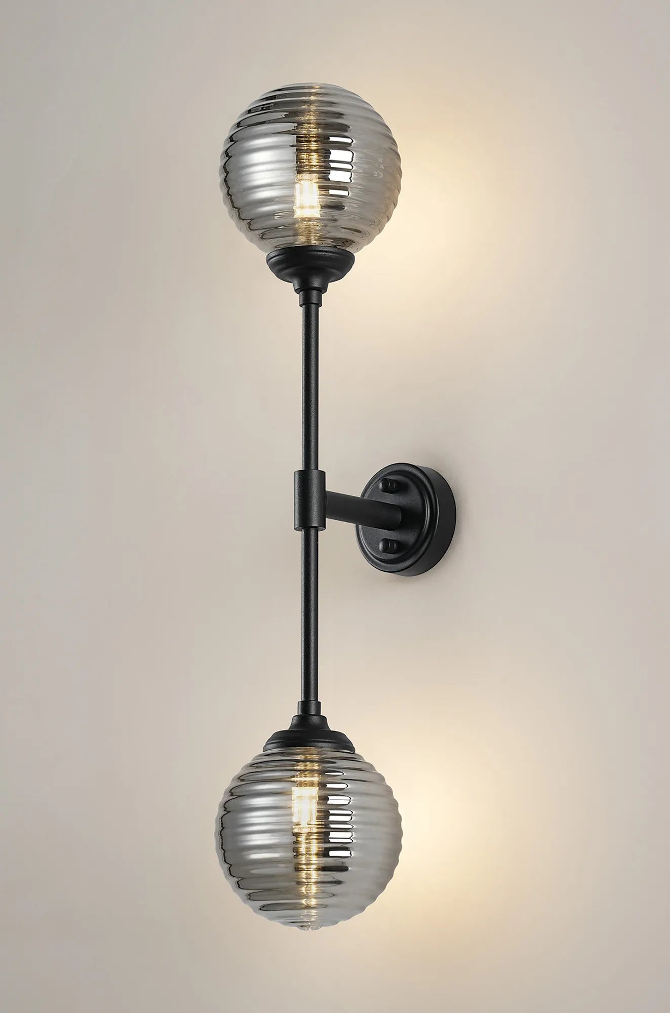 Dene Ceiling & Wall Light - Linear 2 Light - IP44 Satin Black & Glass Ribbed Round Glass