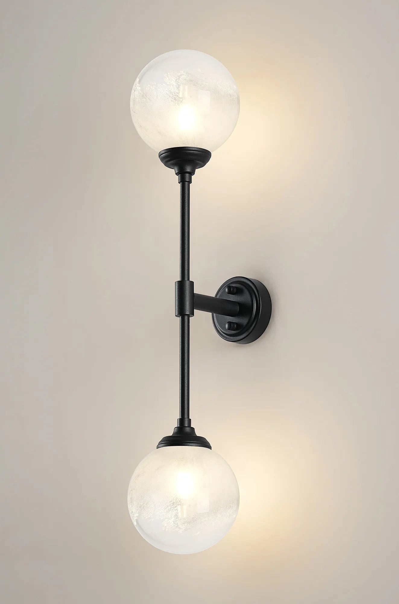 Dene Ceiling & Wall Light - Linear 2 Light - IP44 Satin Black & White Two-Tone Snow Specks Round Glass