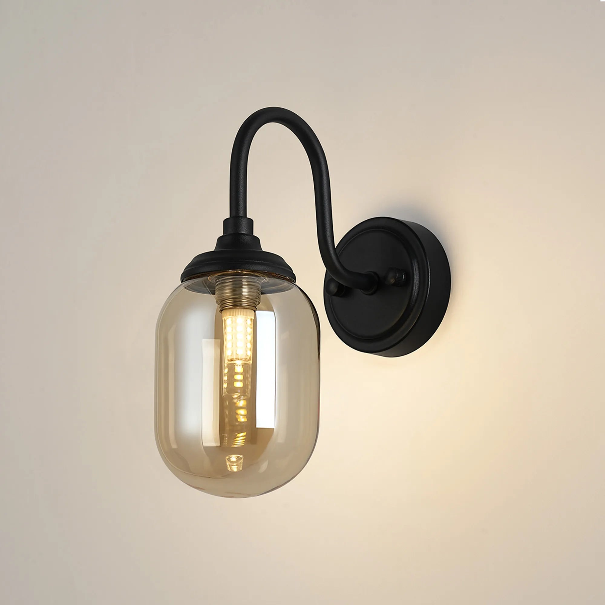 Dene Curved Arm Wall Light - 1 Light - IP44 Satin Black & Amber Smooth Tubular Glass