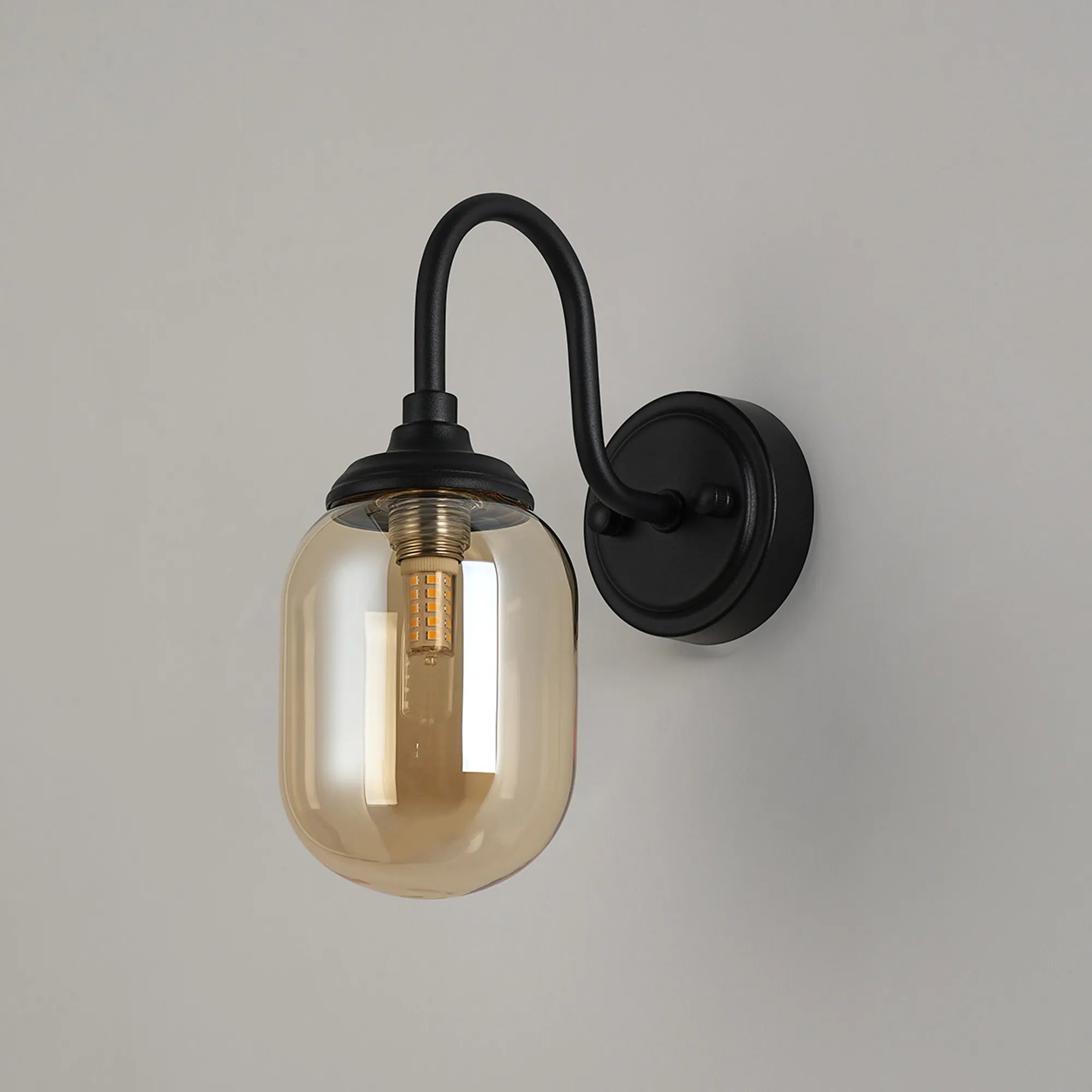 Dene Curved Arm Wall Light - 1 Light - IP44 Satin Black & Amber Smooth Tubular Glass