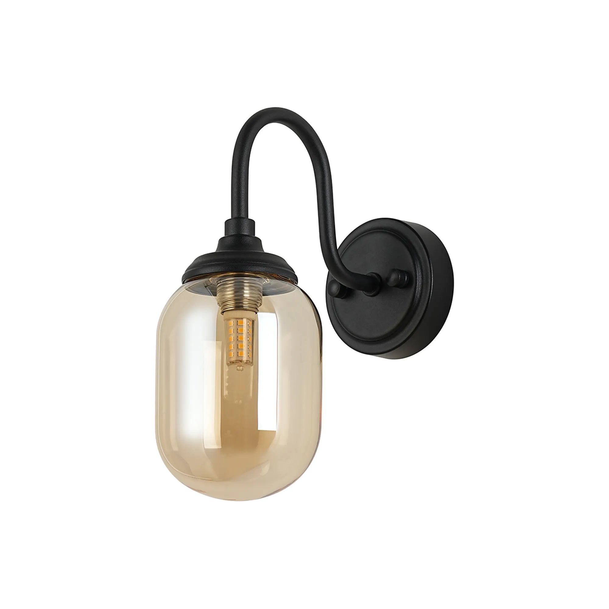 Dene Curved Arm Wall Light - 1 Light - IP44 Satin Black & Amber Smooth Tubular Glass