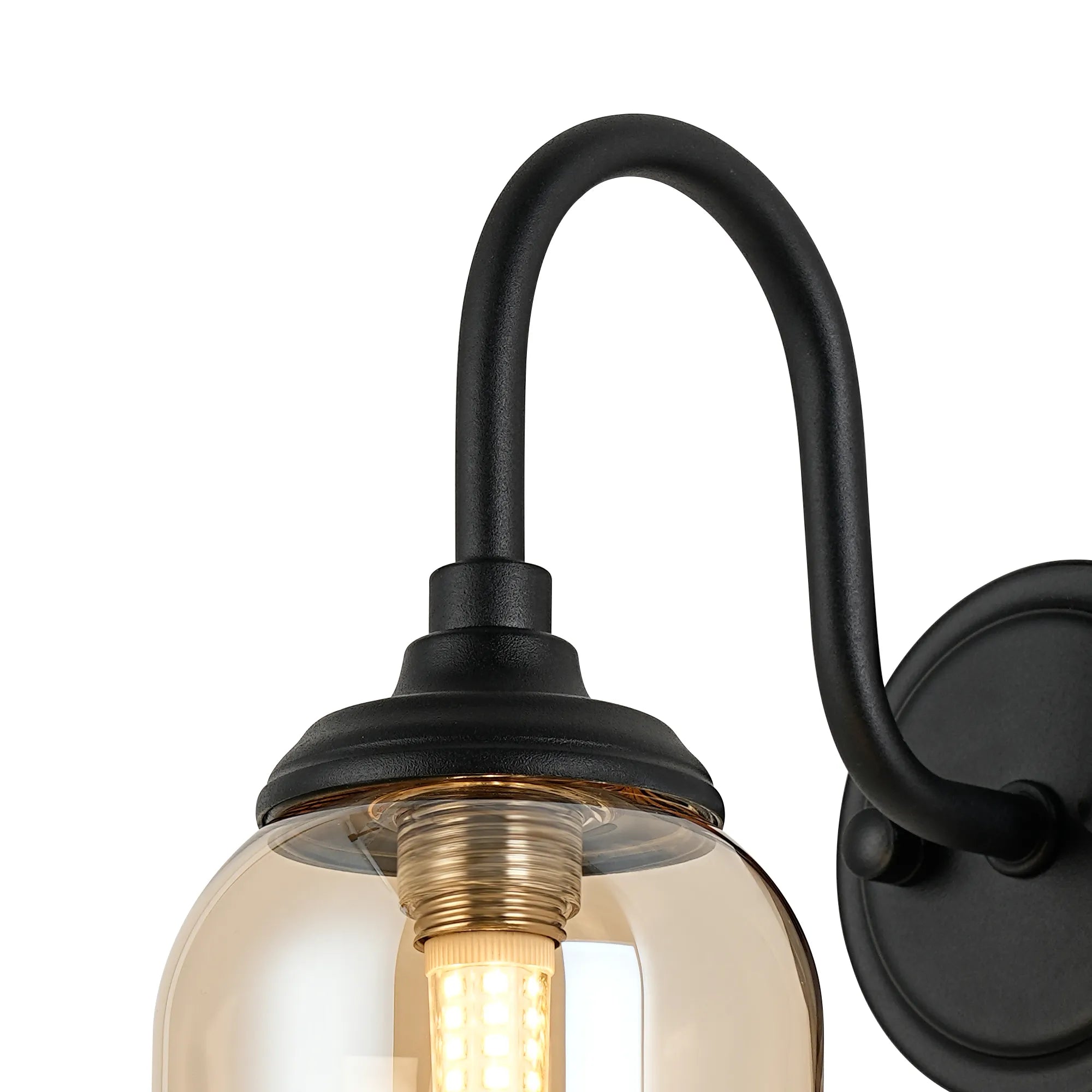 Dene Curved Arm Wall Light - 1 Light - IP44 Satin Black & Amber Smooth Tubular Glass