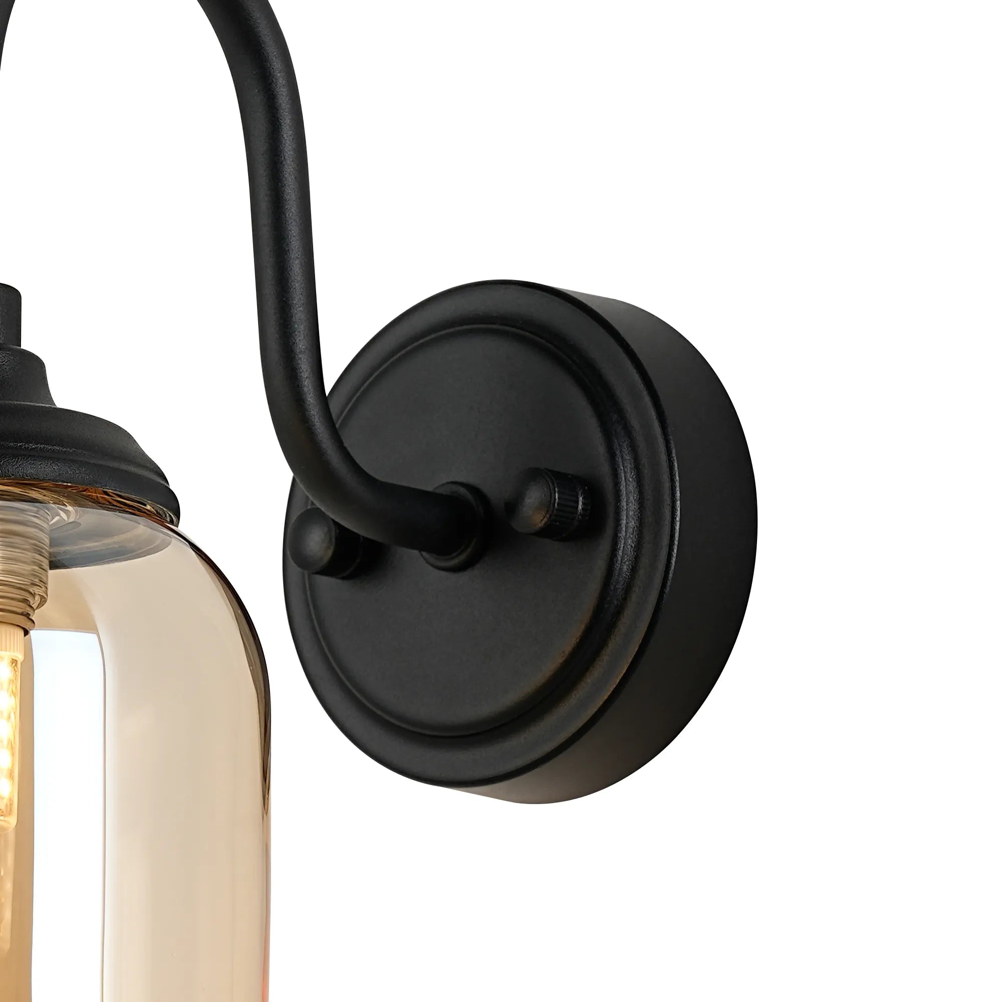 Dene Curved Arm Wall Light - 1 Light - IP44 Satin Black & Amber Smooth Tubular Glass