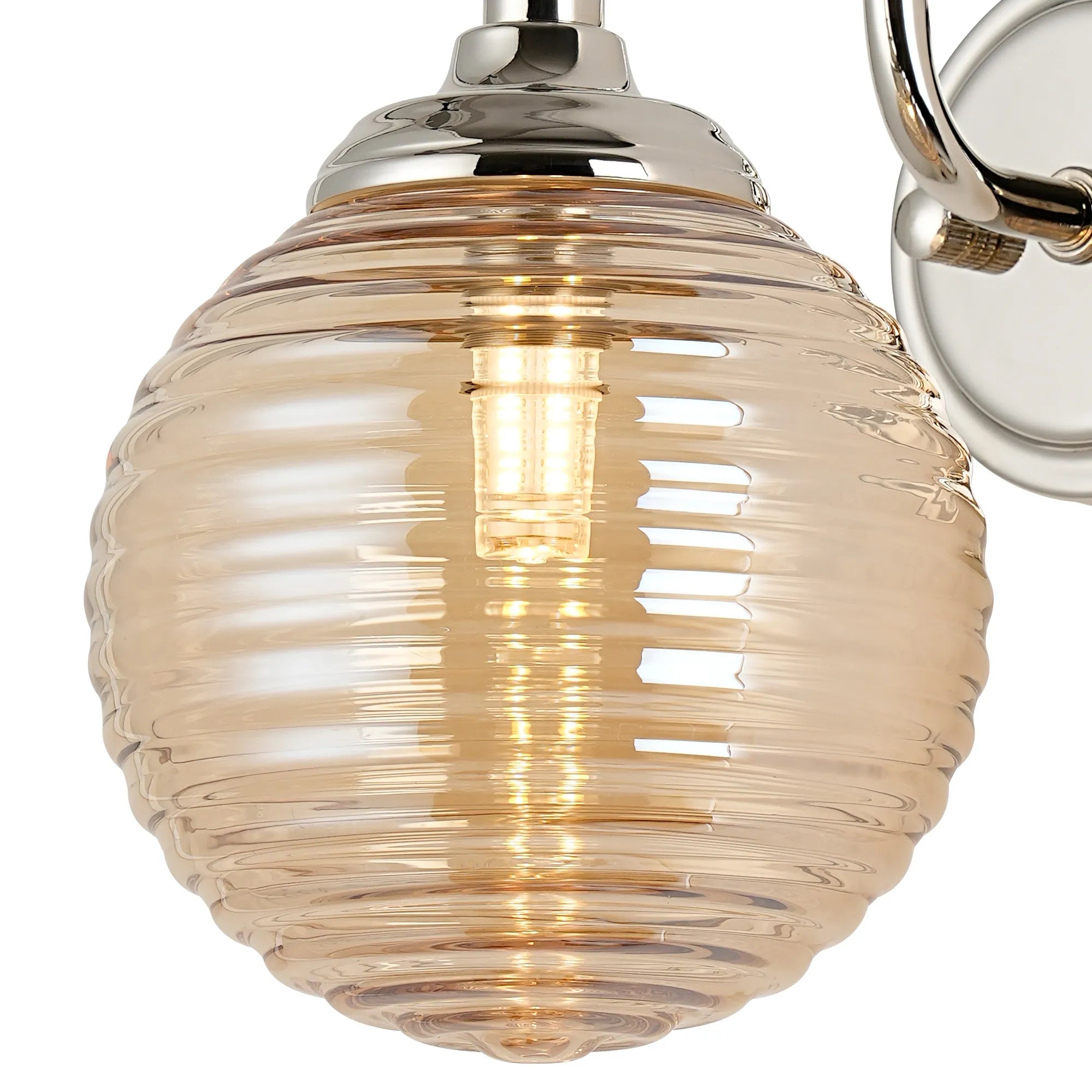 Dene Curved Arm Wall Light - 1 Light - IP44 Polished Nickel & Amber Ribbed Round Glass