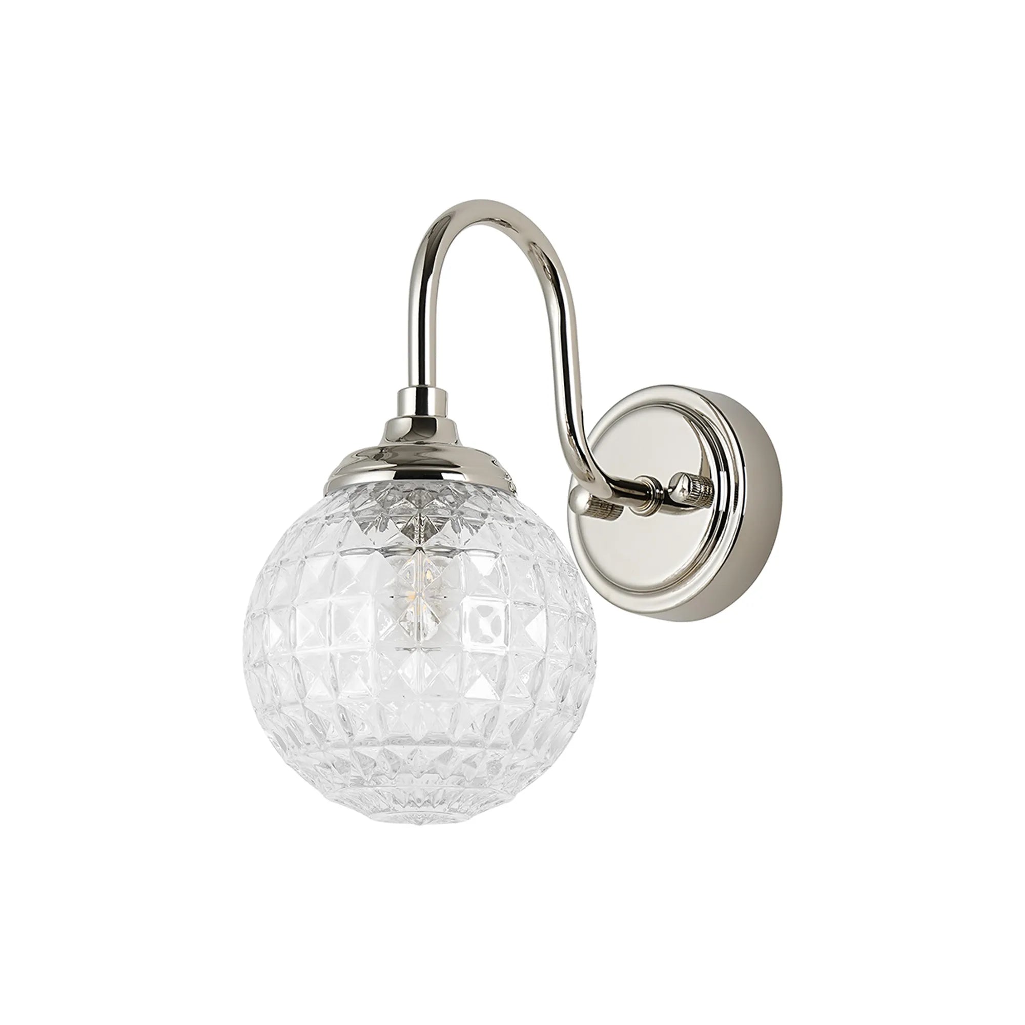 Dene Curved Arm Wall Light - 1 Light - IP44 Polished Nickel & Clear Cross Pattern Round Glass