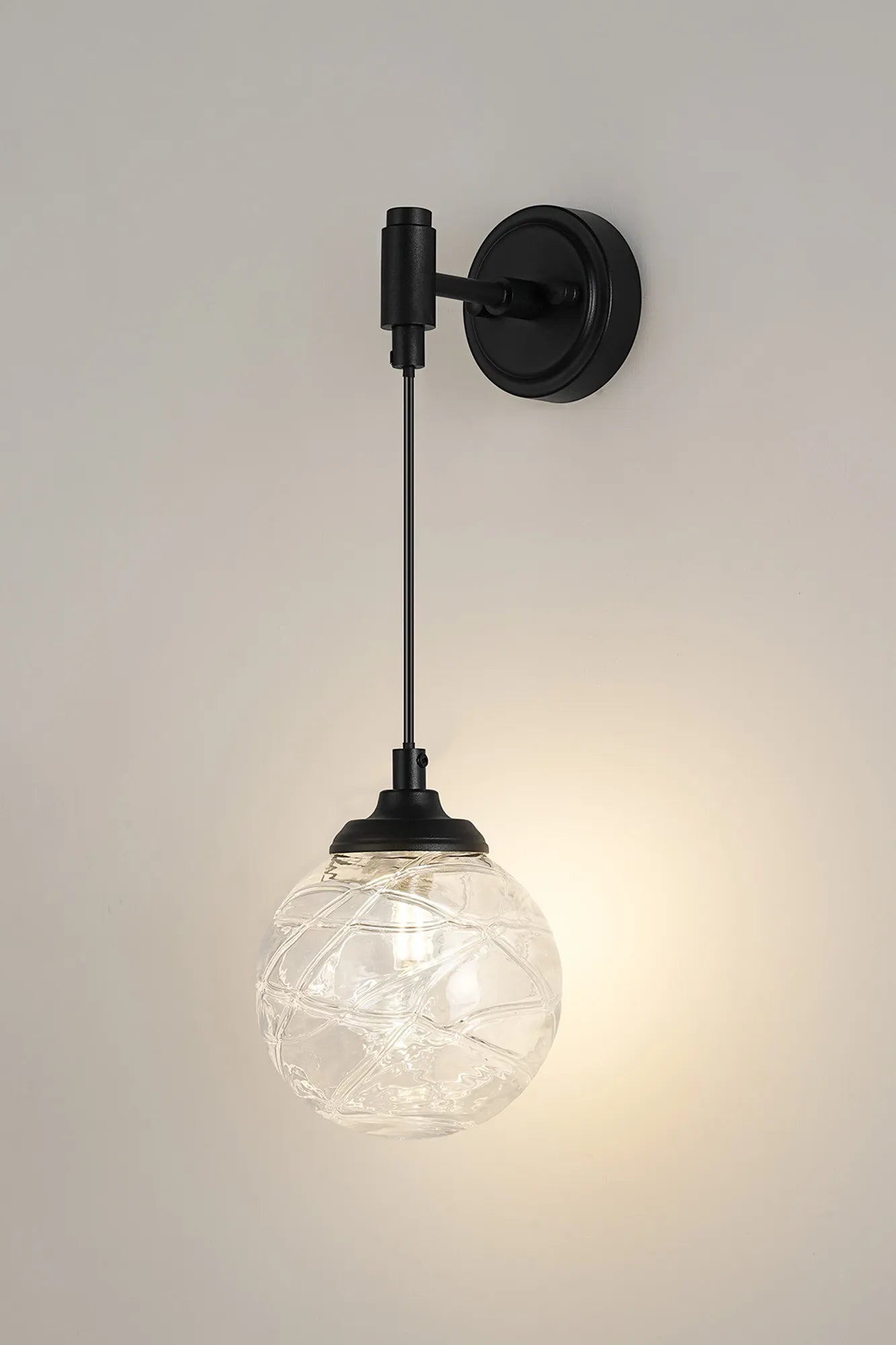 Dene Adjustable Single Wall Light IP44 - Satin Black & Clear Dune Effect Round Glass