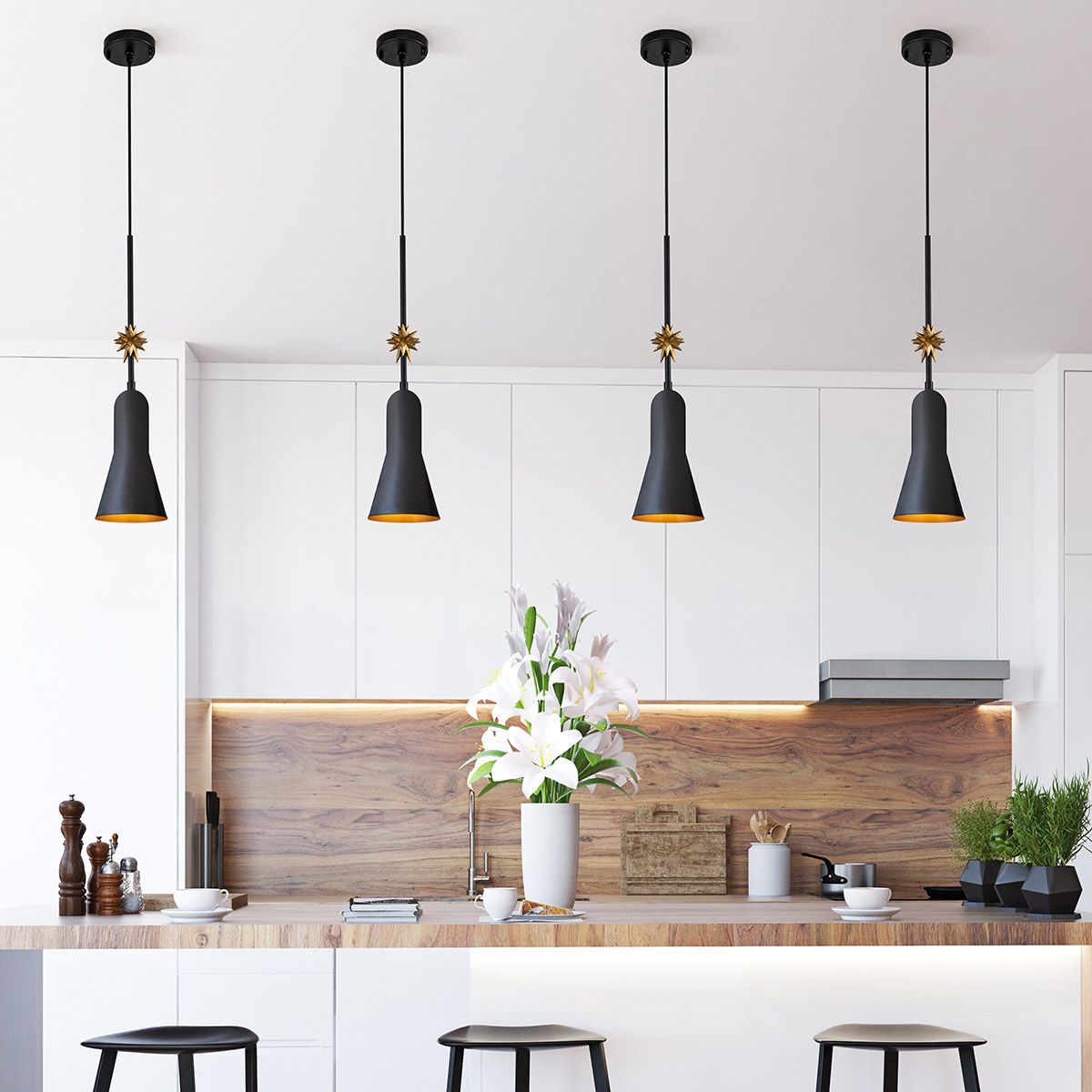 Elstead Etoile 1 Light Small Pendant - Matte Black & Gold Leaf