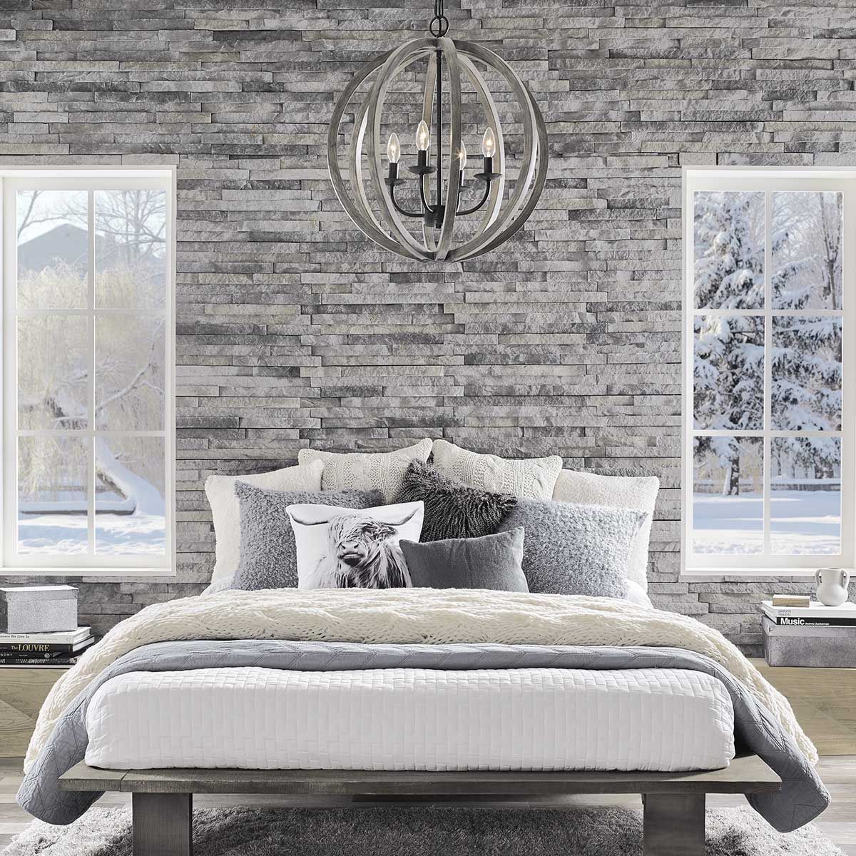 Feiss Allier 4 Light Pendant - Weathered Oak Wood & Antique Forged Iron