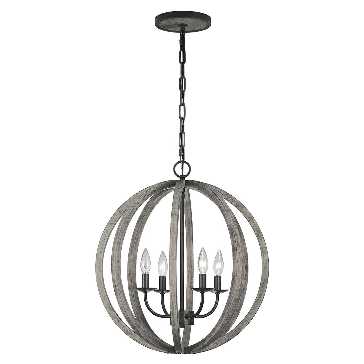 Feiss Allier 4 Light Pendant - Weathered Oak Wood & Antique Forged Iron