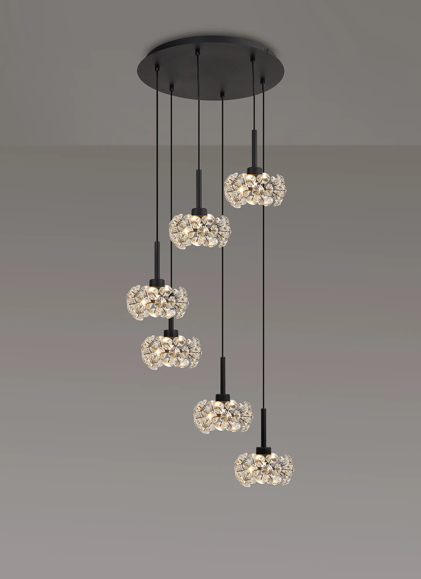 Grosvenor 6 Light Round Multiple Pendant - Satin Black & Crystal Shade