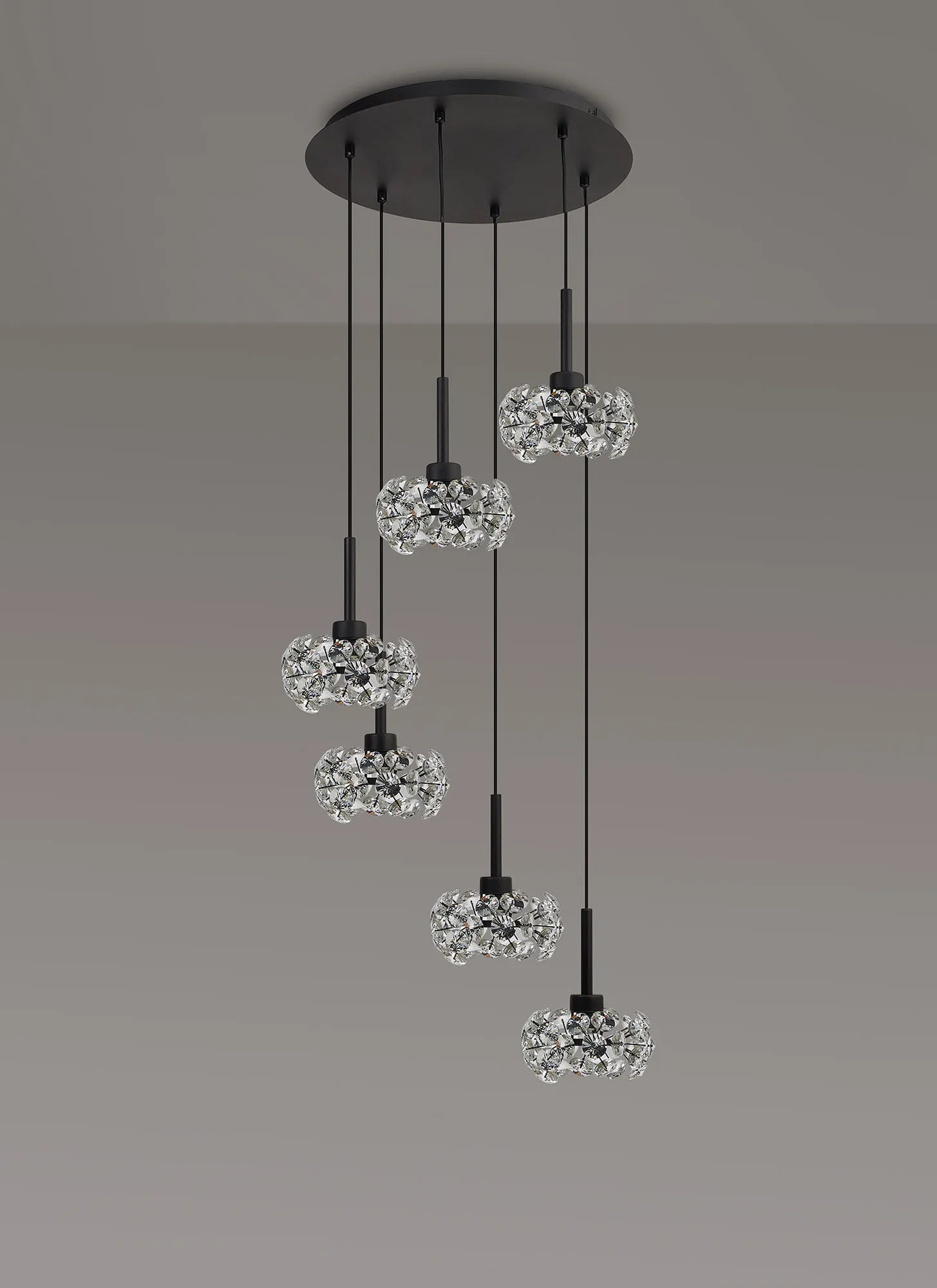 Grosvenor 6 Light Round Multiple Pendant - Satin Black & Crystal Shade