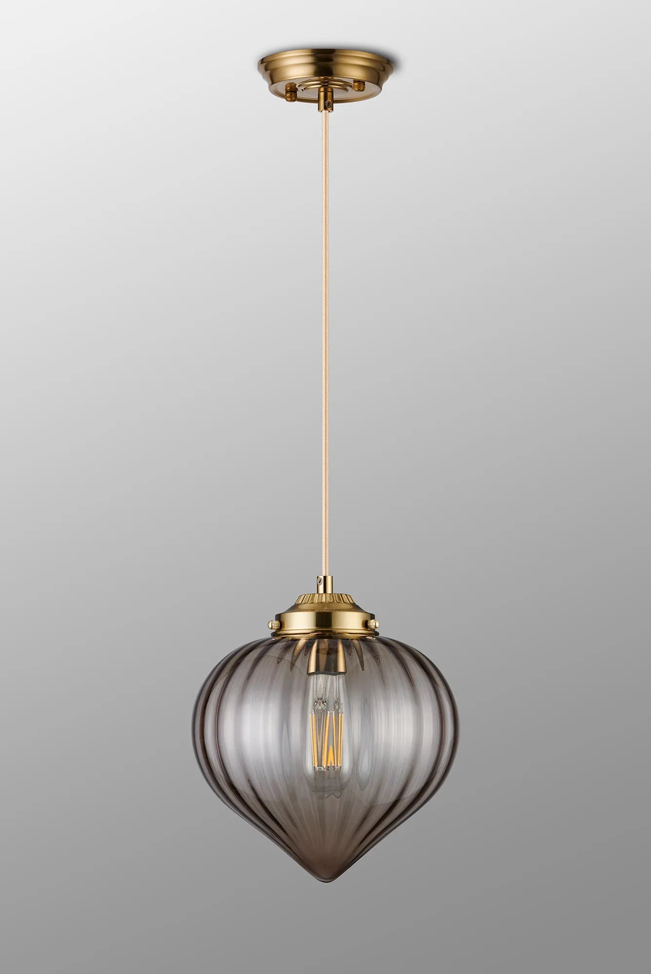 Grove Single Pendant with Flower Bud Shade - Brass & Pale Gold Braided Cable & Cognac