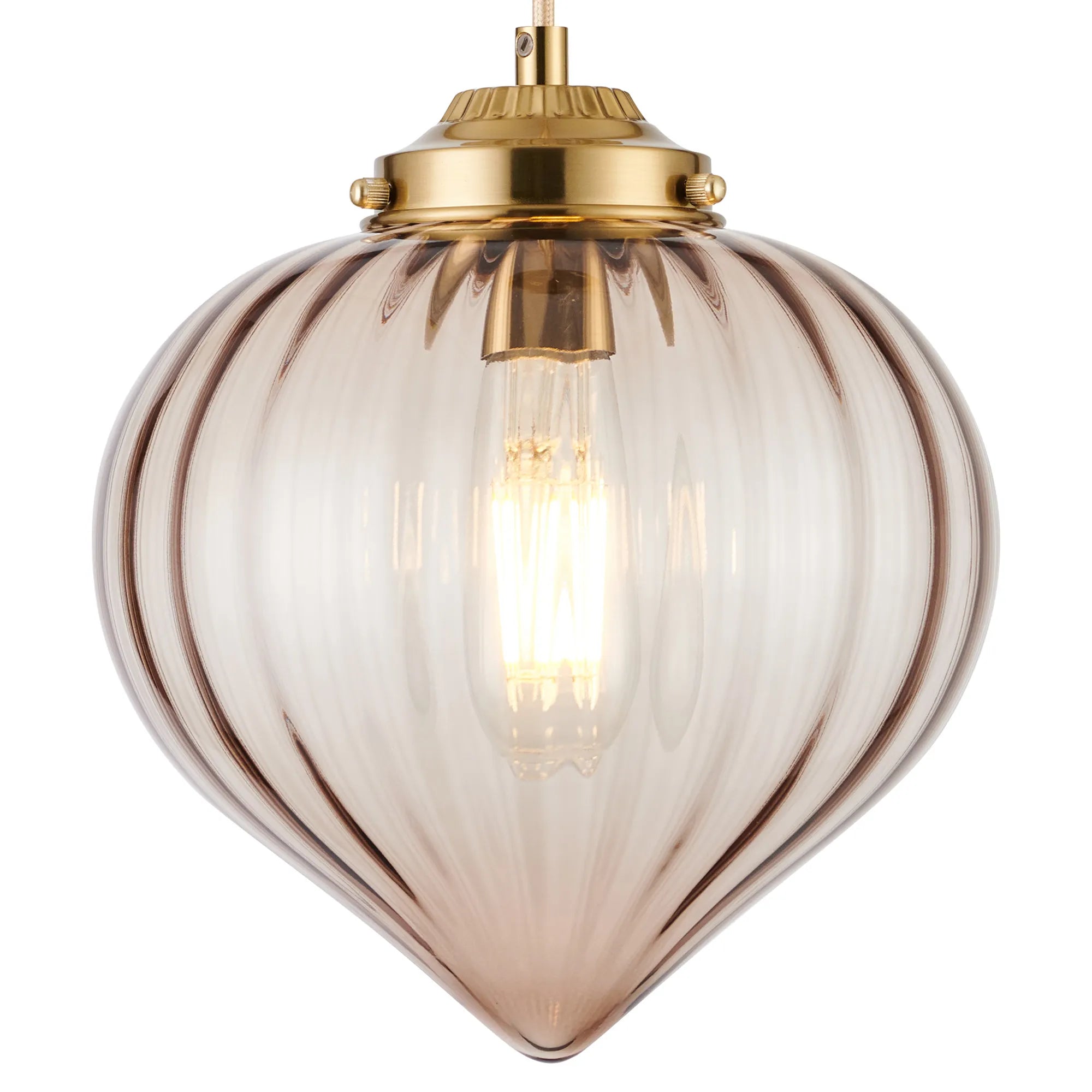 Grove Single Pendant with Flower Bud Shade - Brass & Pale Gold Braided Cable & Cognac