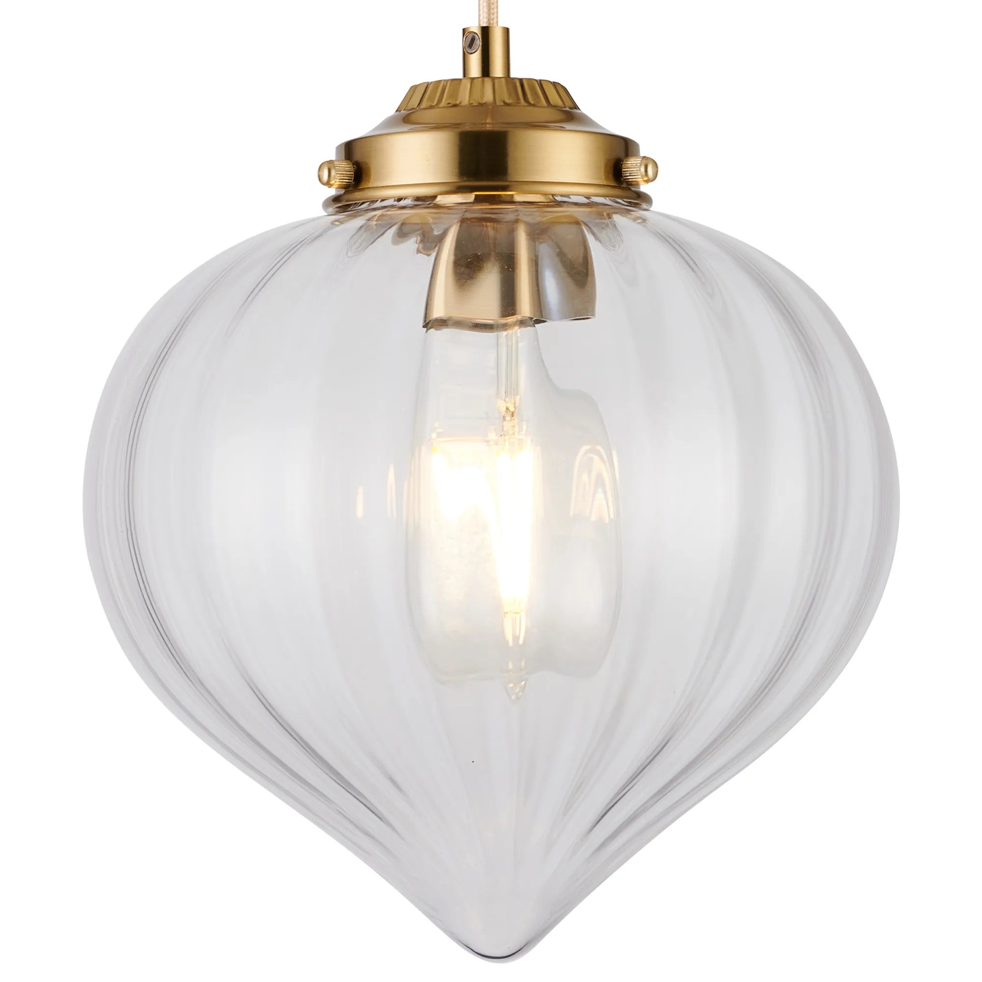 Grove Single Pendant with Flower Bud Shade - Brass & Pale Gold Braided Cable & Clear