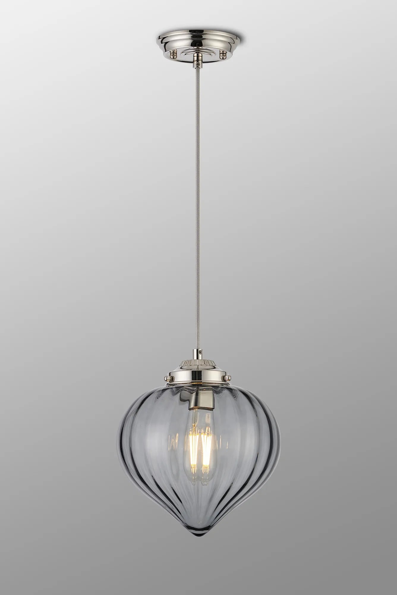 Grove Single Pendant with Flower Bud Shade - Polished Nickel & Grey Braided Cable & Smoke