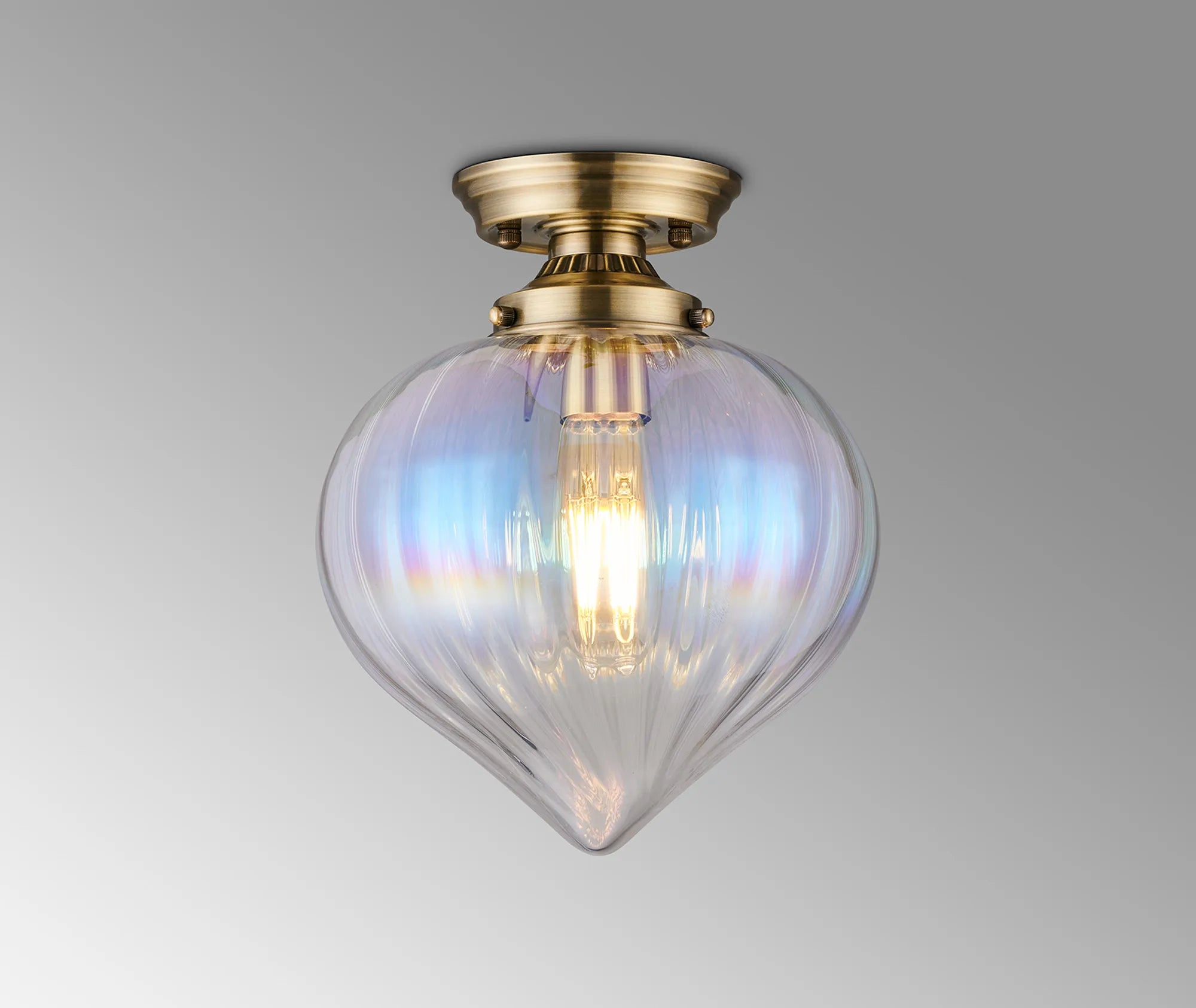 Grove Flush Ceiling Light with Flower Bud Shade - Antique Brass & Iridescent Faded