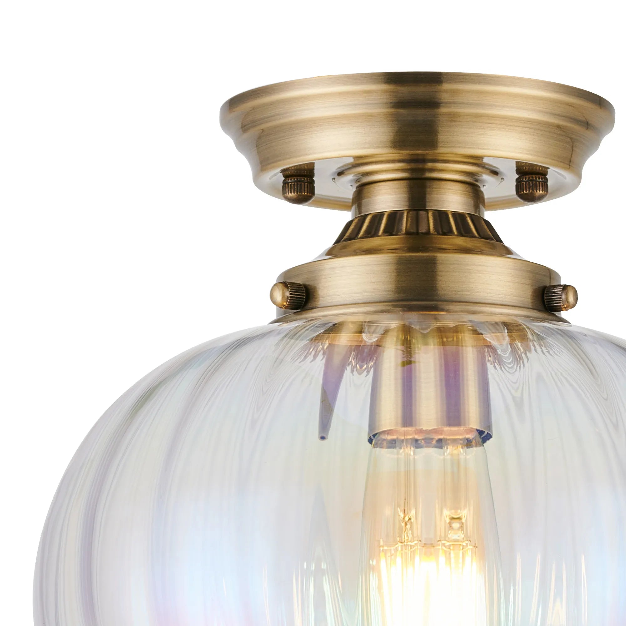 Grove Flush Ceiling Light with Flower Bud Shade - Antique Brass & Iridescent Faded