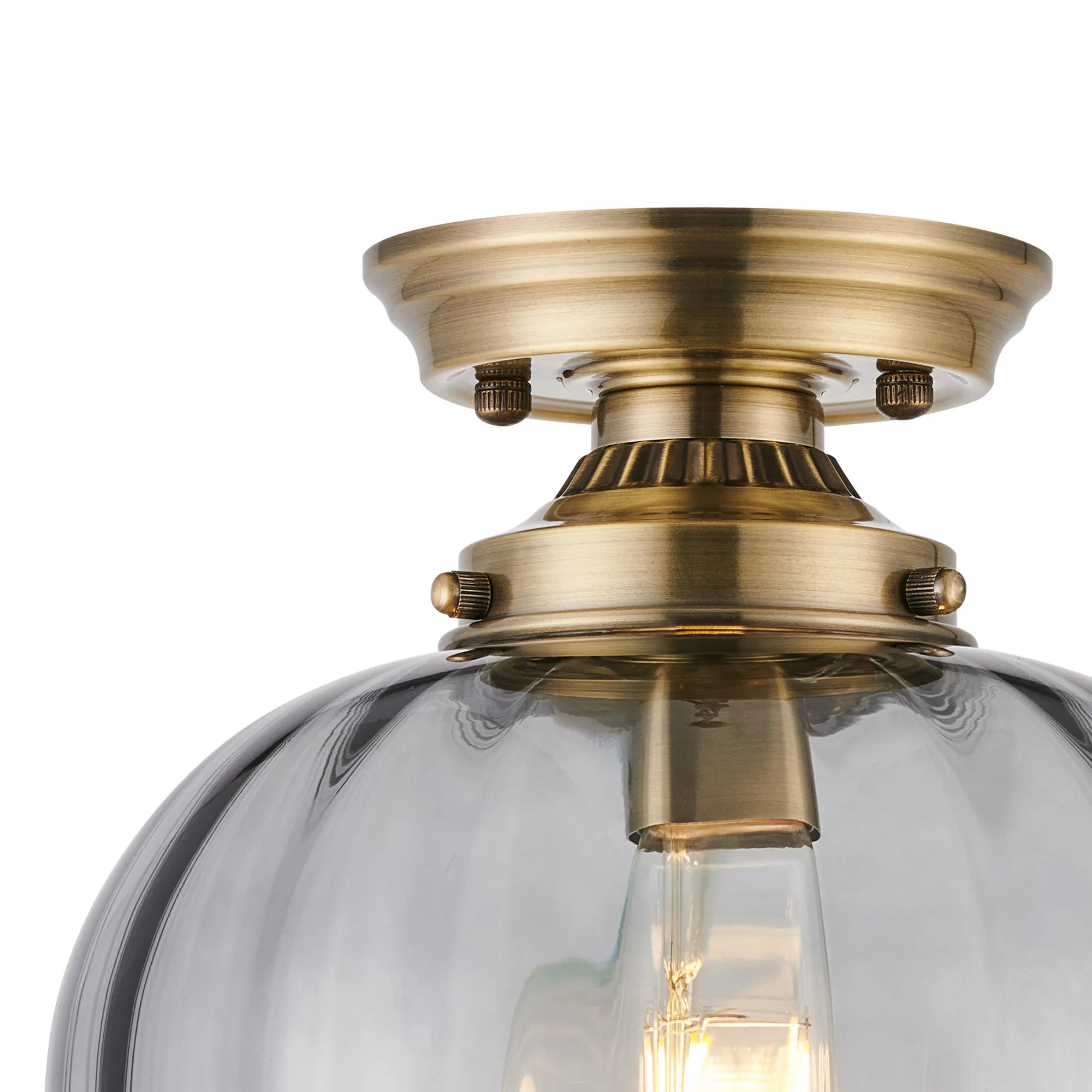 Grove Flush Ceiling Light with Flower Bud Shade - Antique Brass & Smoke