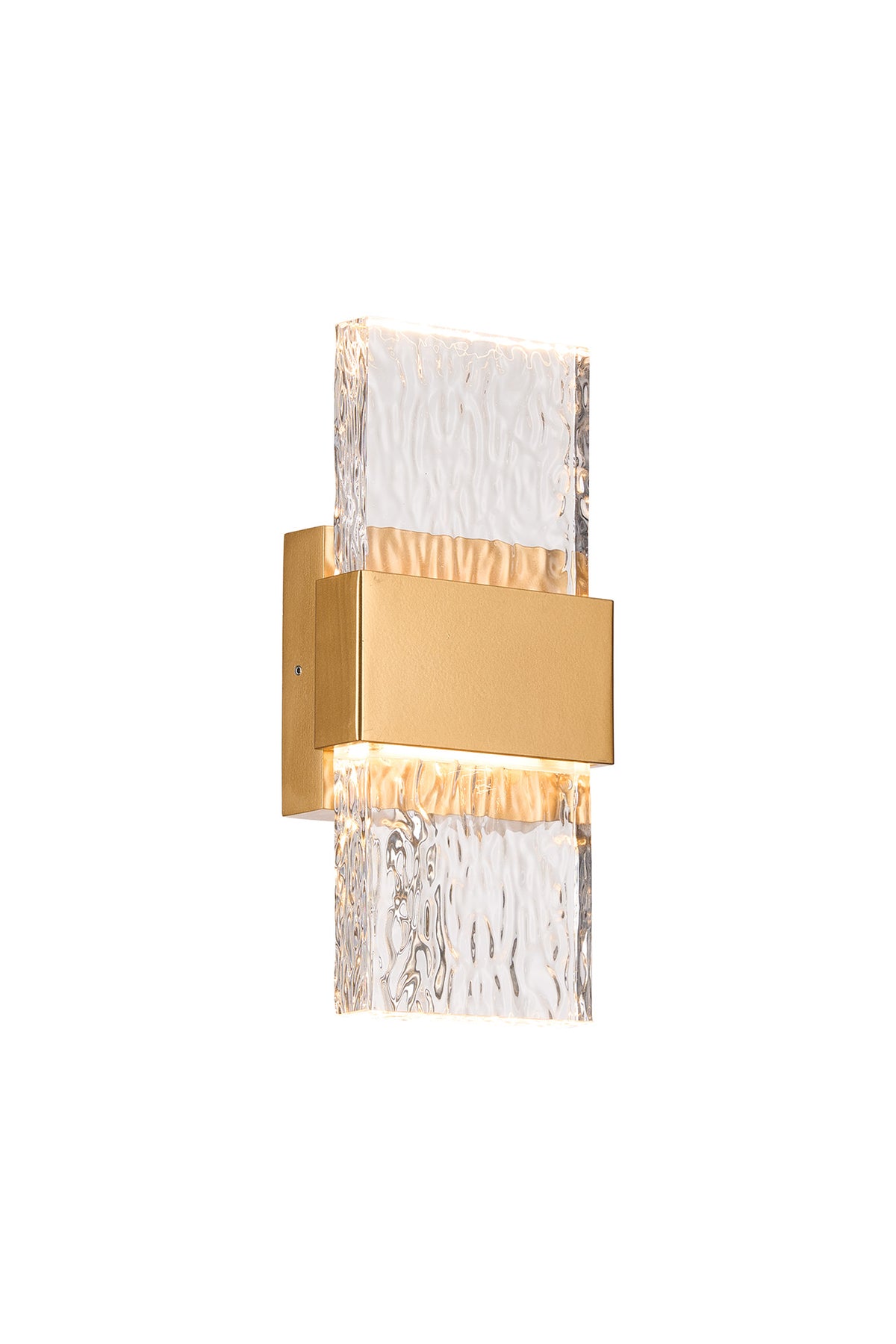 Fabula Havant IP65 Up/Down LED Wall Light – Satin Gold & Seiche Textured Glass 30 cm