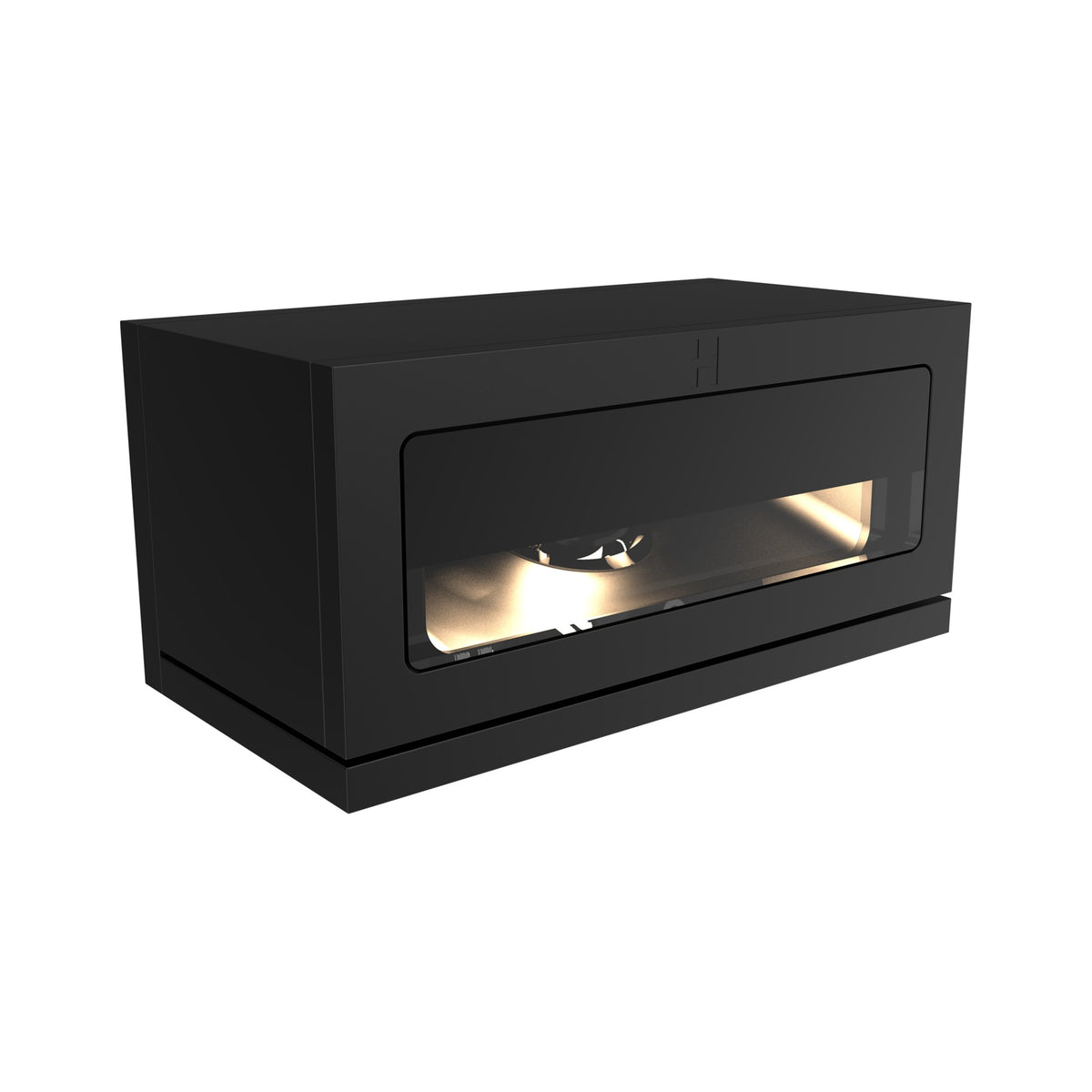 Hunza Verge surface mount path light in black powder coat, rectangular aluminium housing with a lit horizontal slot, angled view