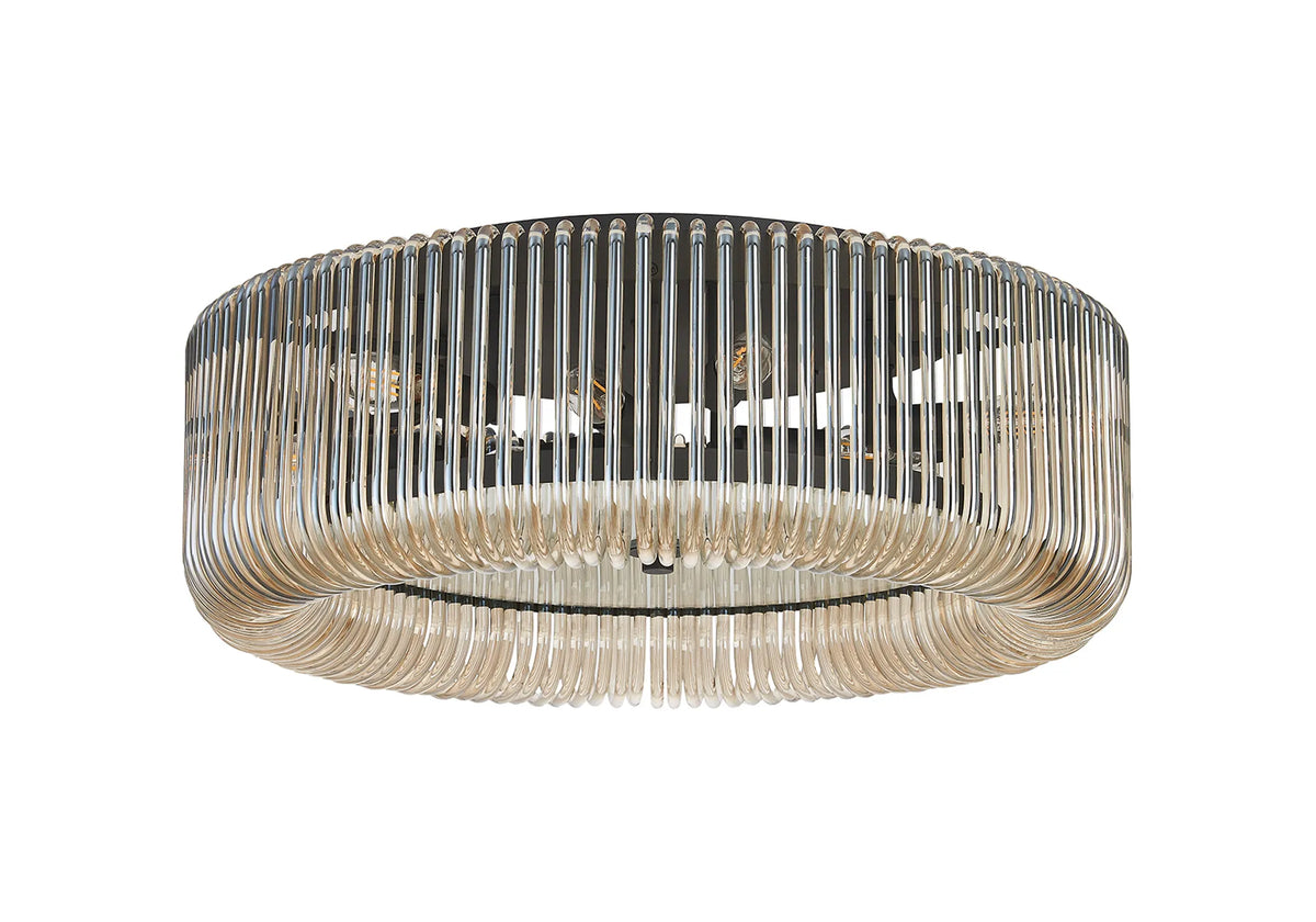 Fabula Hutton Round Flush Ceiling Light – Black & Smoke Brown Glass