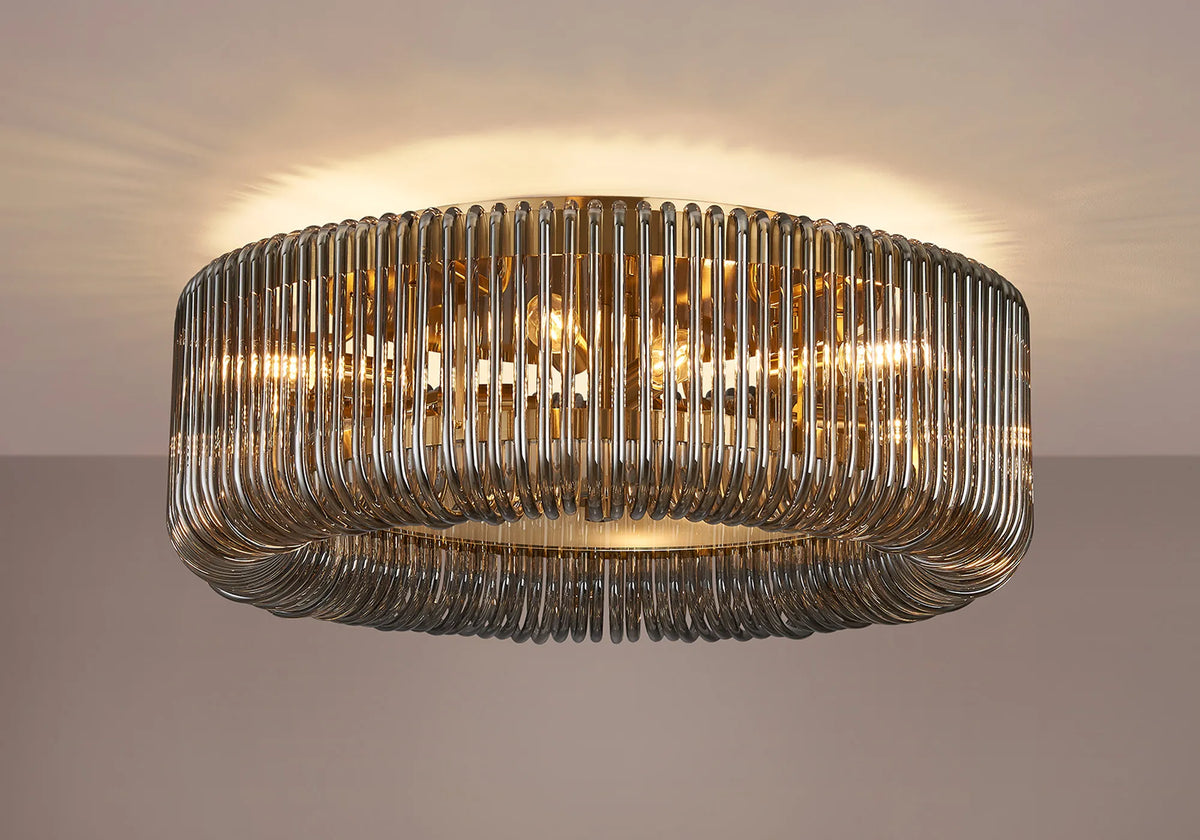 Fabula Hutton Round Flush Ceiling Light – Brass & Smoke Glass
